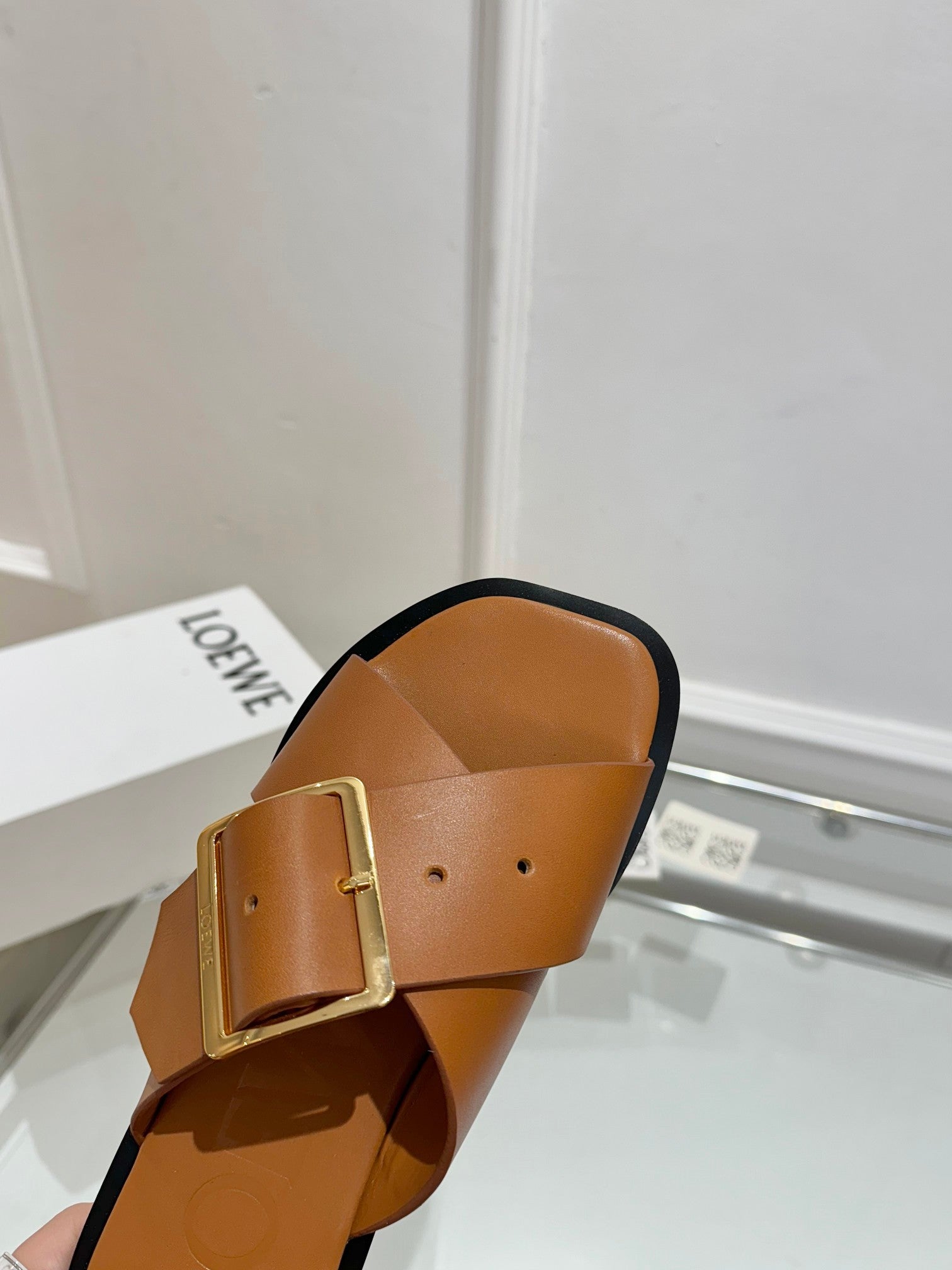 Loewe Petal Buckle Slide Tan Brown Leather 881319
