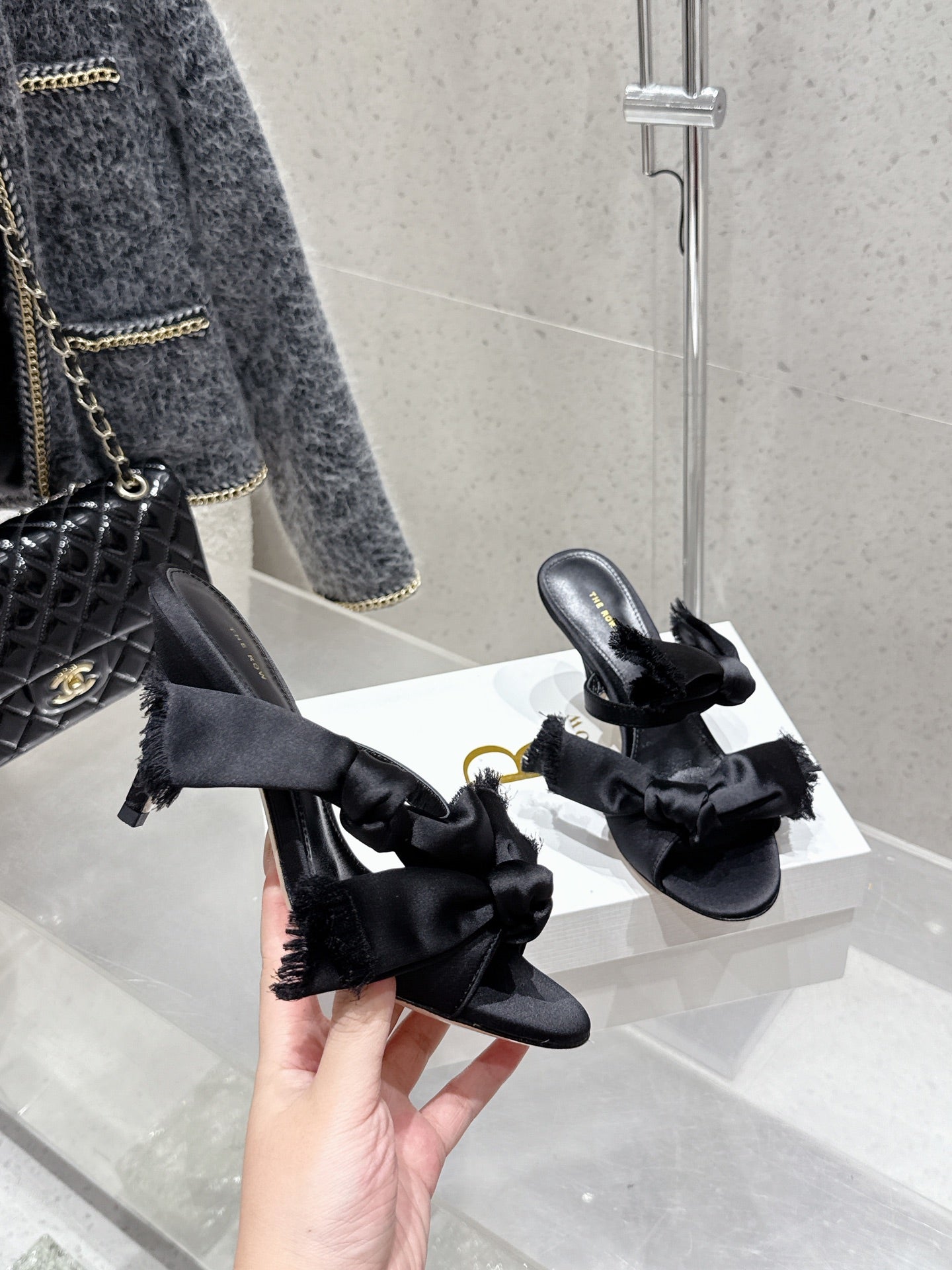 The Row Strap High Heel Mule Sandals 80mm Black Satin And Sheepskin 338378