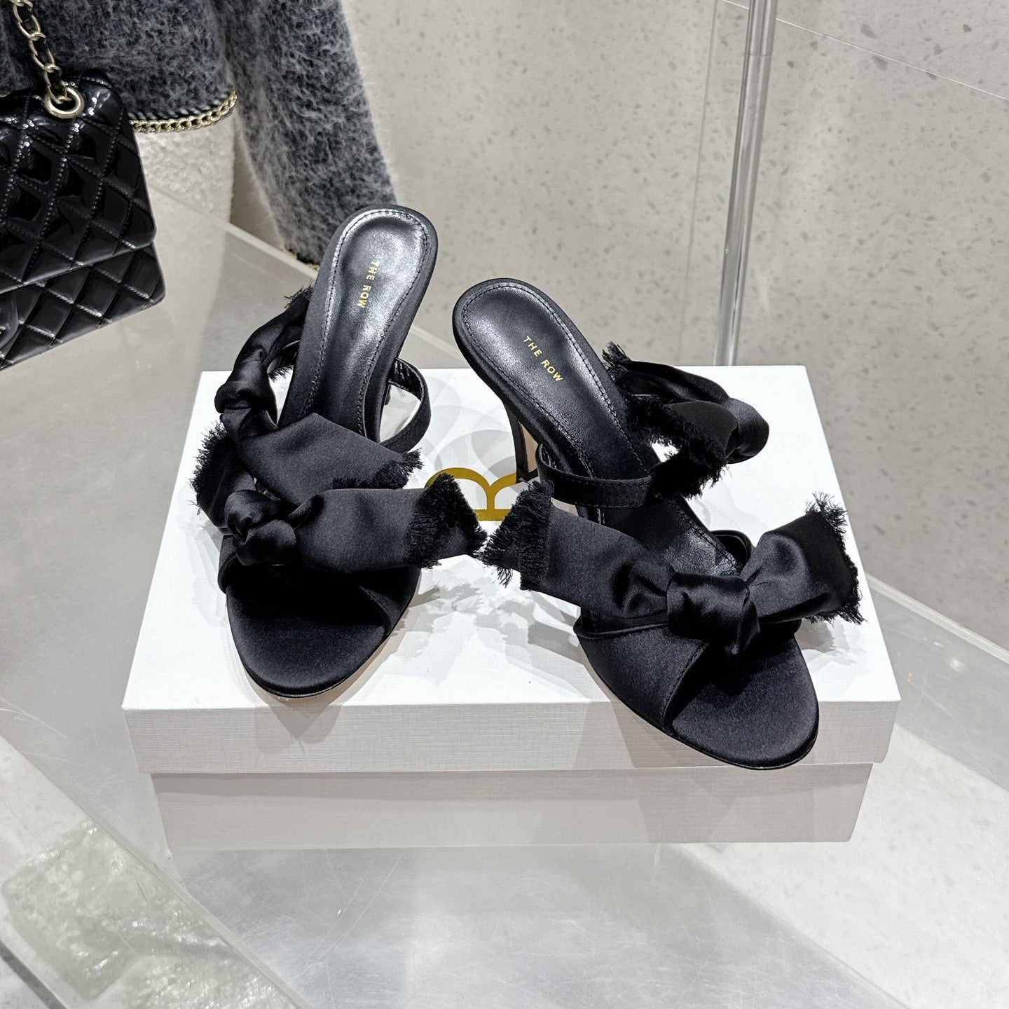 The Row Strap High Heel Mule Sandals 80mm Black Satin And Sheepskin 338378