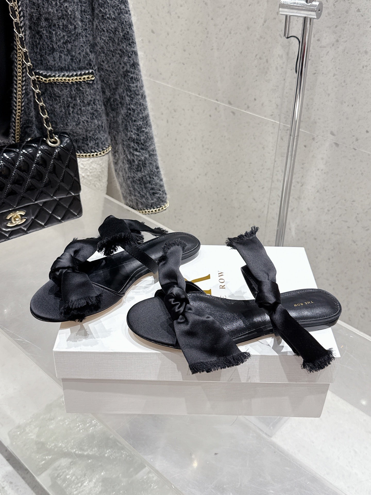 The Row Mule Sandals Black Satin And Sheepskin 338380