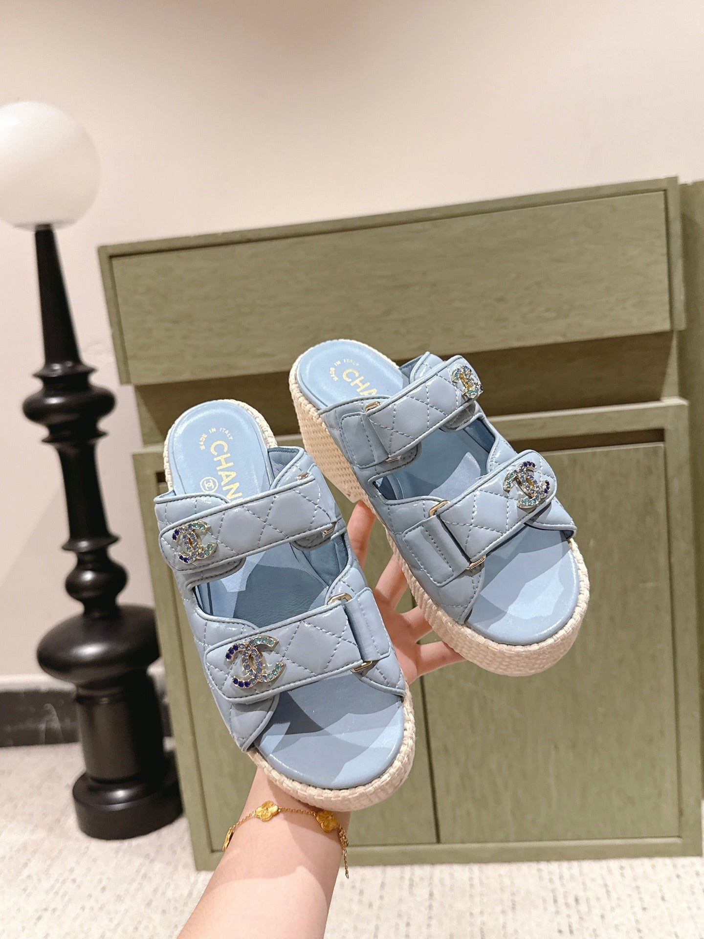 CC 26s Dad Platform Sandal Mule Light Blue Sheepskin 762874