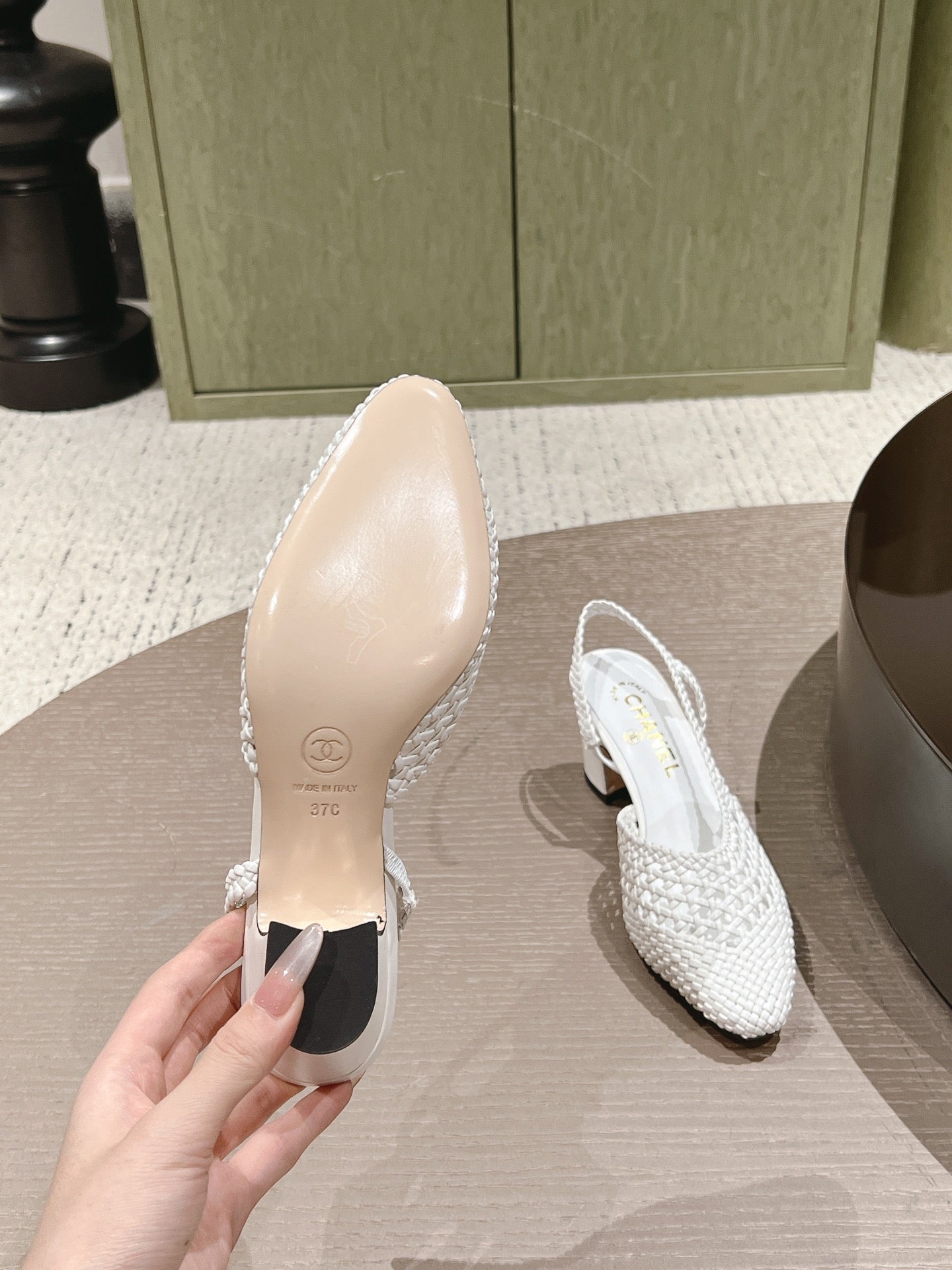 CC 26s Slingback Block Heel White Woven Sheepskin 762817