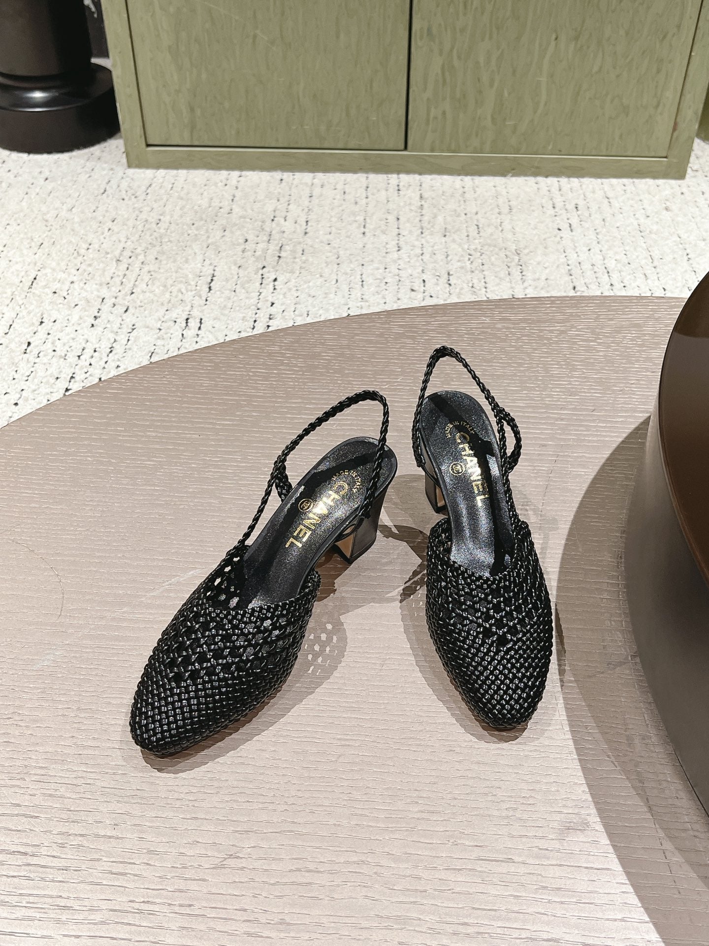 CC 26s Slingback Block Heel Black Woven Sheepskin 762818