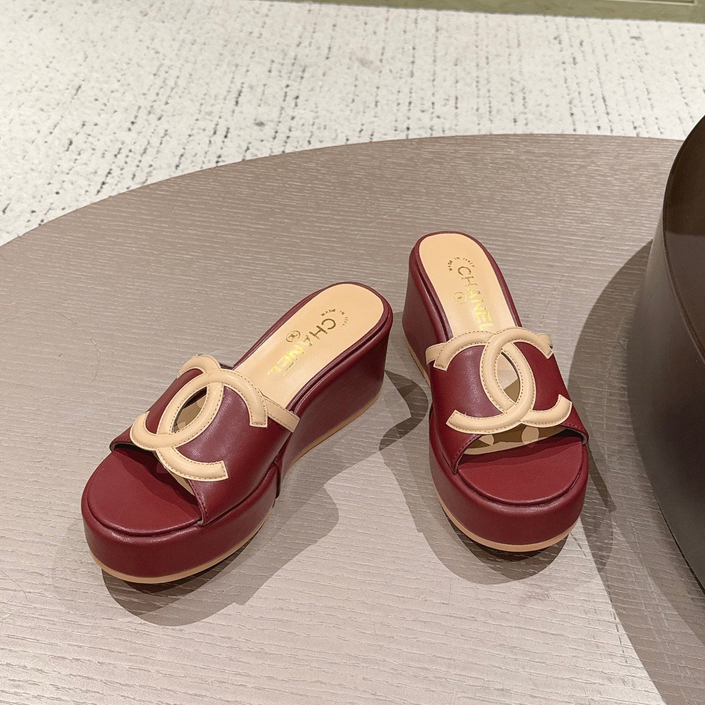 CC 26s Platform Mules Beige Burgundy Lambskin 916988