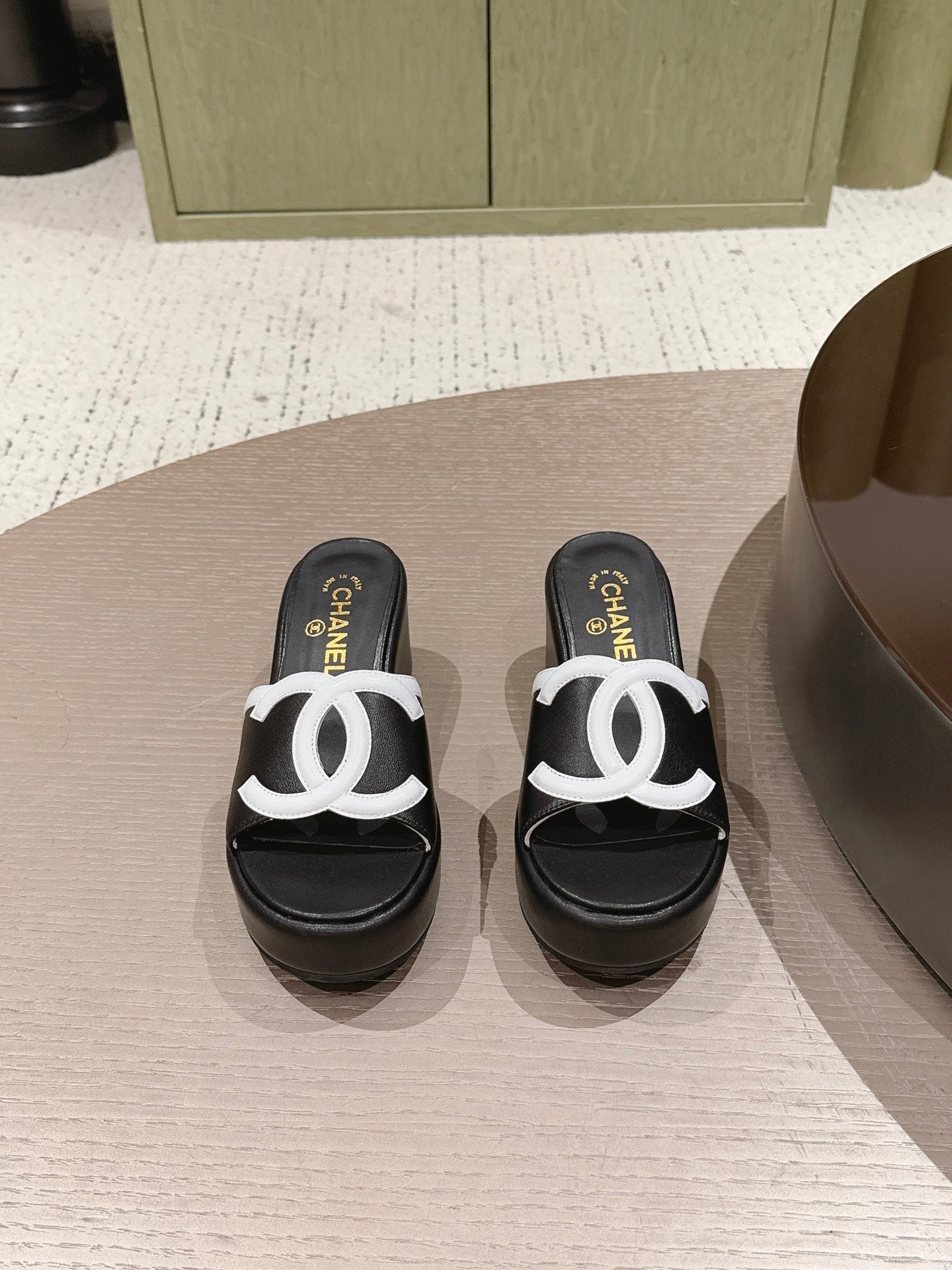 CC 26s Platform Mules Black White Lambskin 916989
