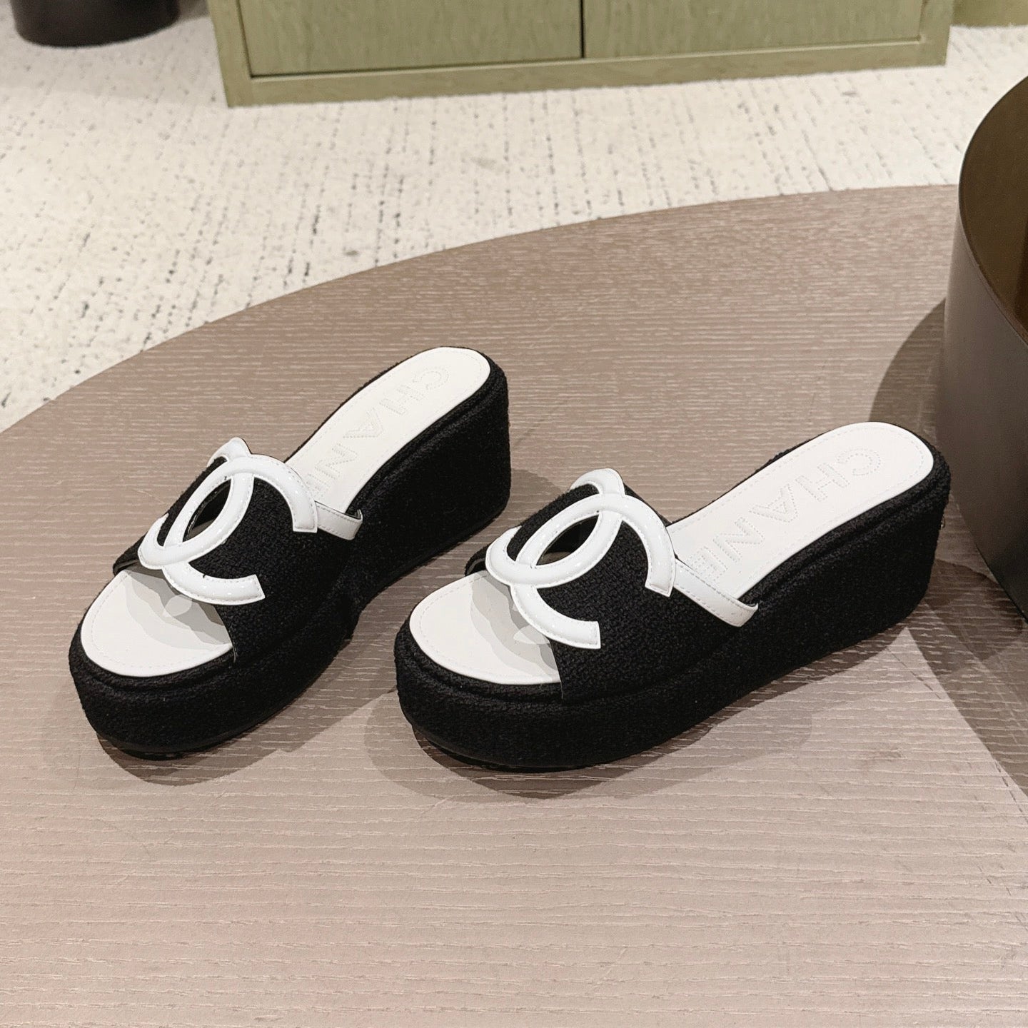 CC 26s Platform Mules Black White Lambskin Fabric 916992