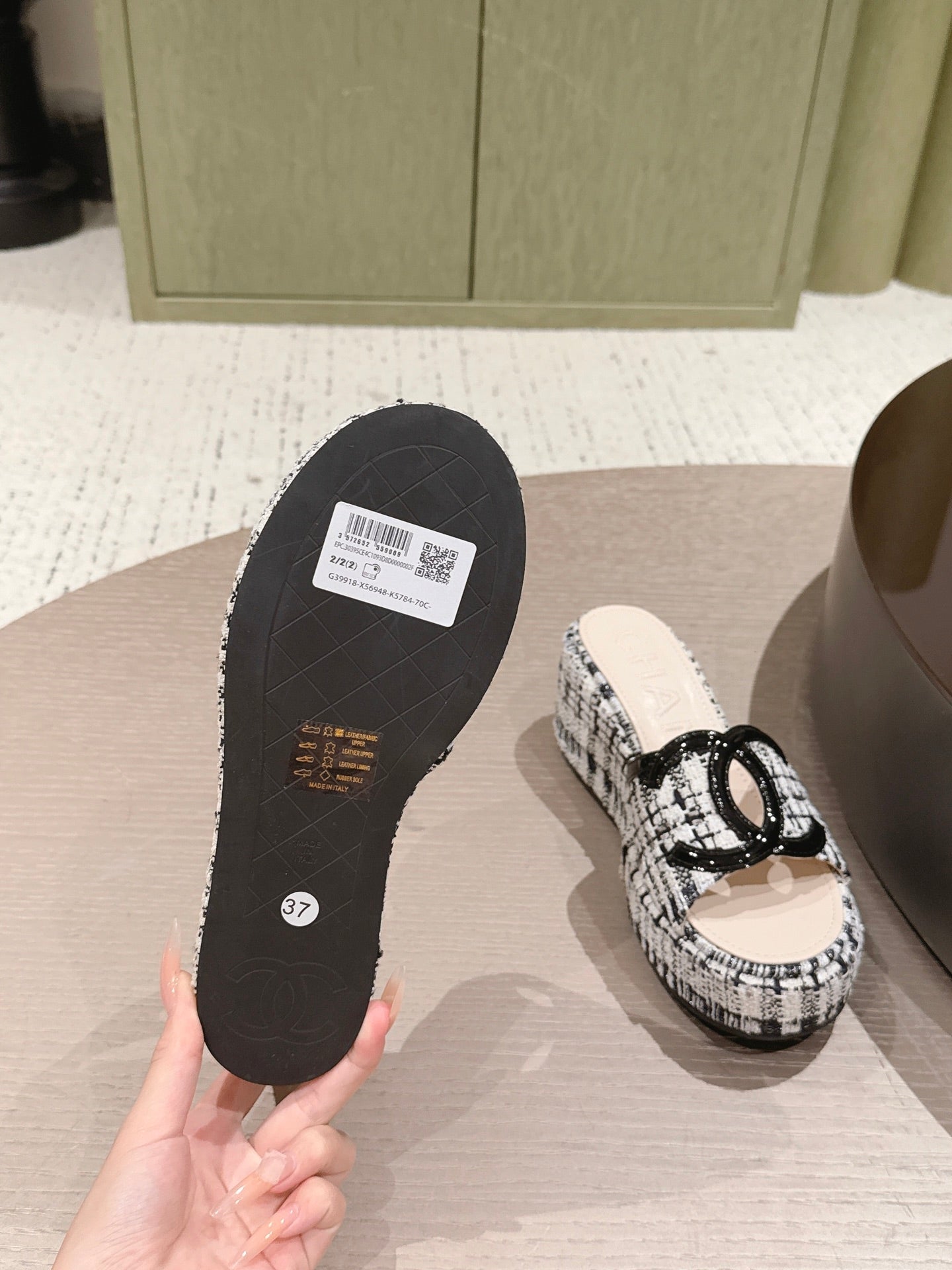 CC 26s Platform Mules Black White Lambskin Fabric 916993