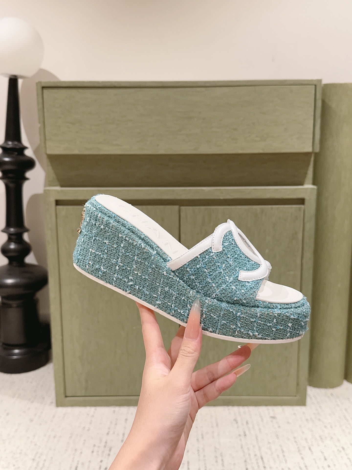 CC 26s Platform Mules Blue Lambskin Fabric 916995