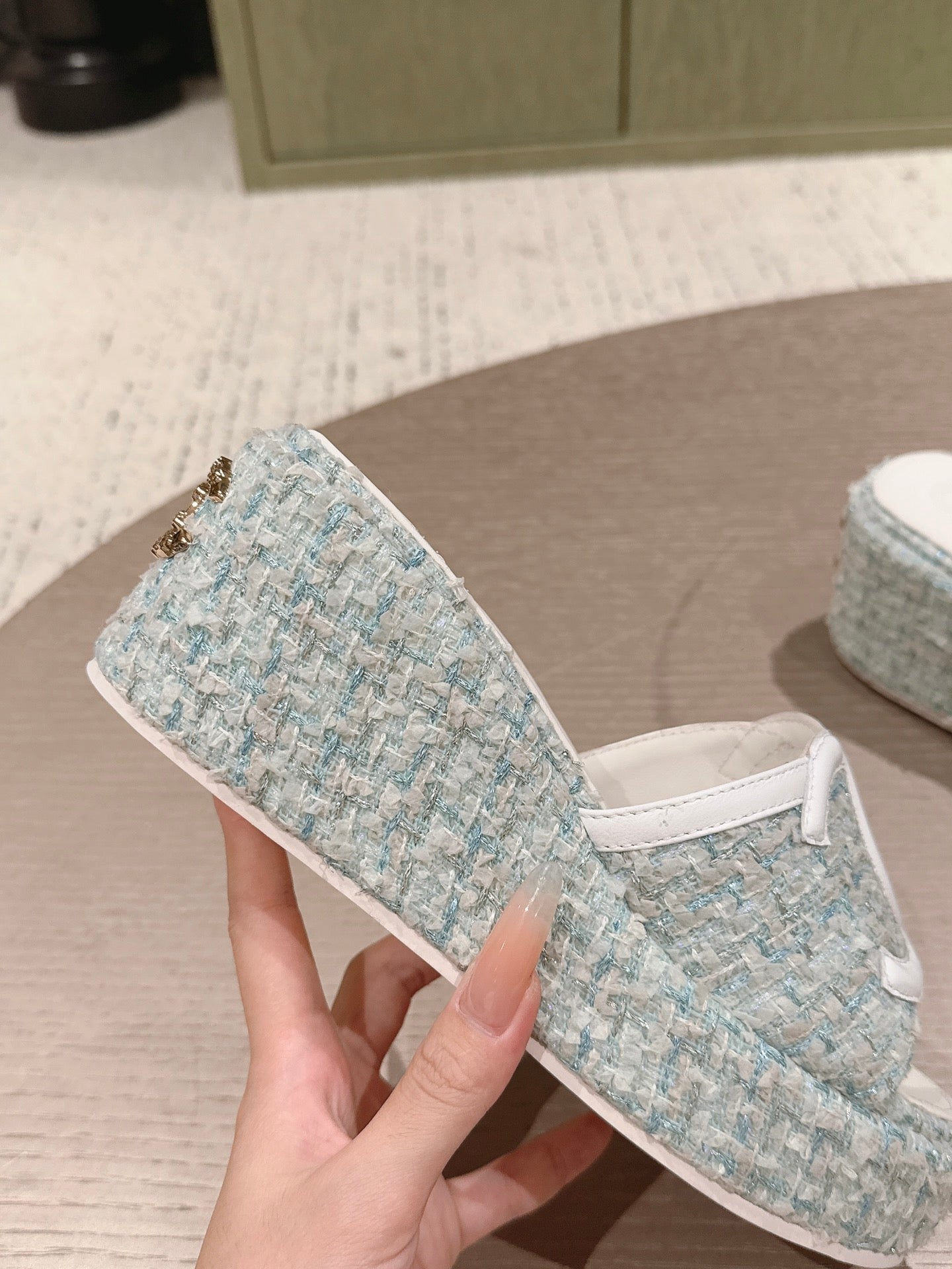 CC 26s Platform Mules Grey Blue Lambskin Fabric 916996