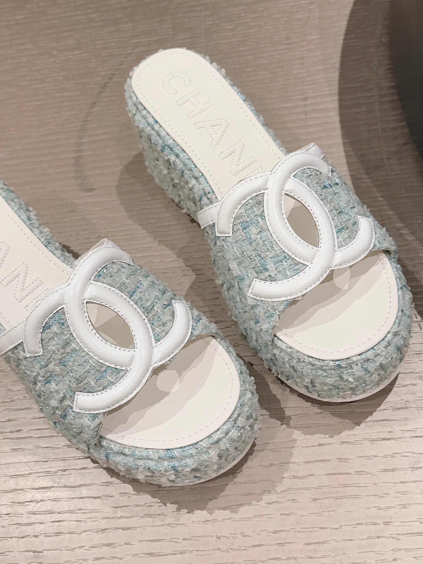 CC 26s Platform Mules Grey Blue Lambskin Fabric 916996