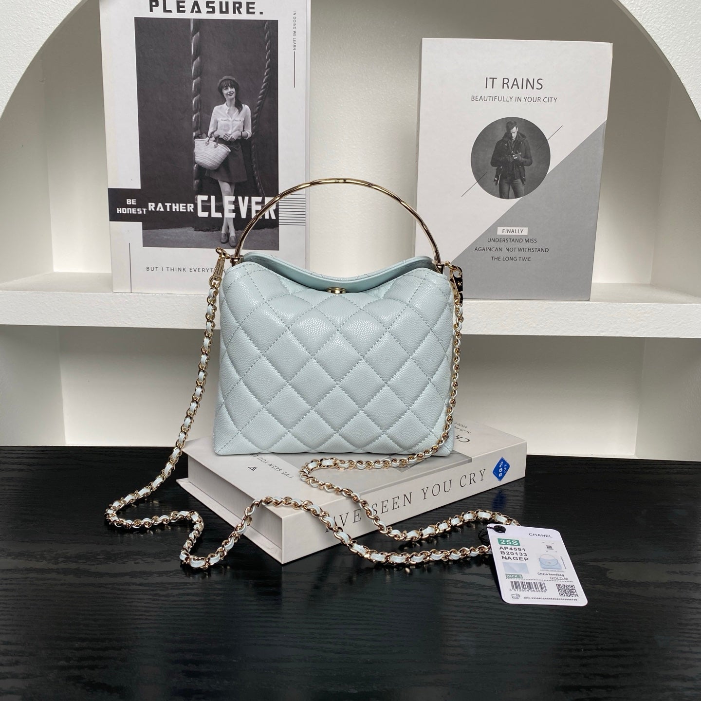 CC Coco Crush Handle Lunch Bag Light Blue Caviar Leather