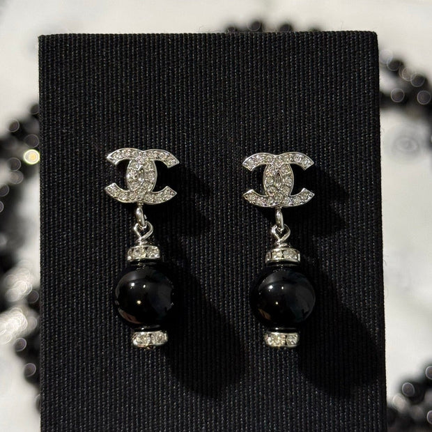 Chanel 2026 Silver Full Diamond Double C Black Bead Earrings