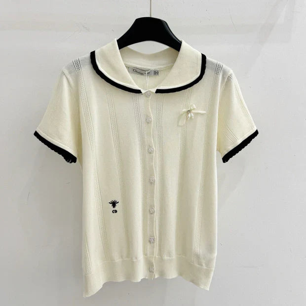 Dior 2026 Collared Knit Short-Sleeve T-Shirt Cream Wool 455393