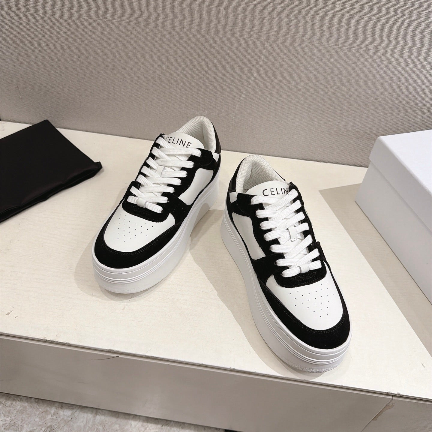 Celine 26s Block Wedge Sneakers Black White Suede Calfskin 101093
