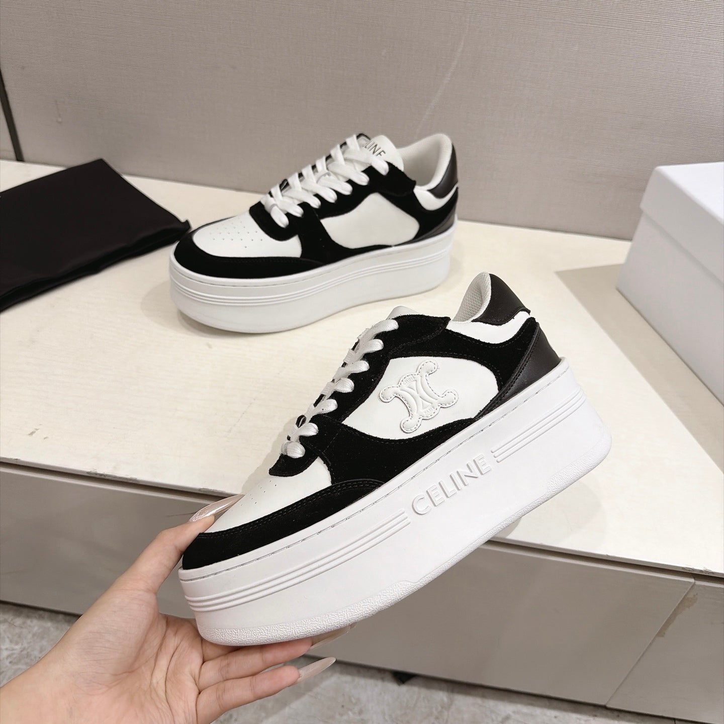 Celine 26s Block Wedge Sneakers Black White Suede Calfskin 101093