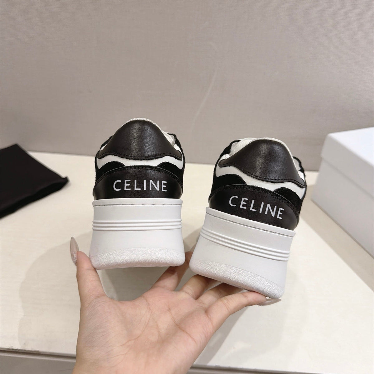 Celine 26s Block Wedge Sneakers Black White Suede Calfskin 101093