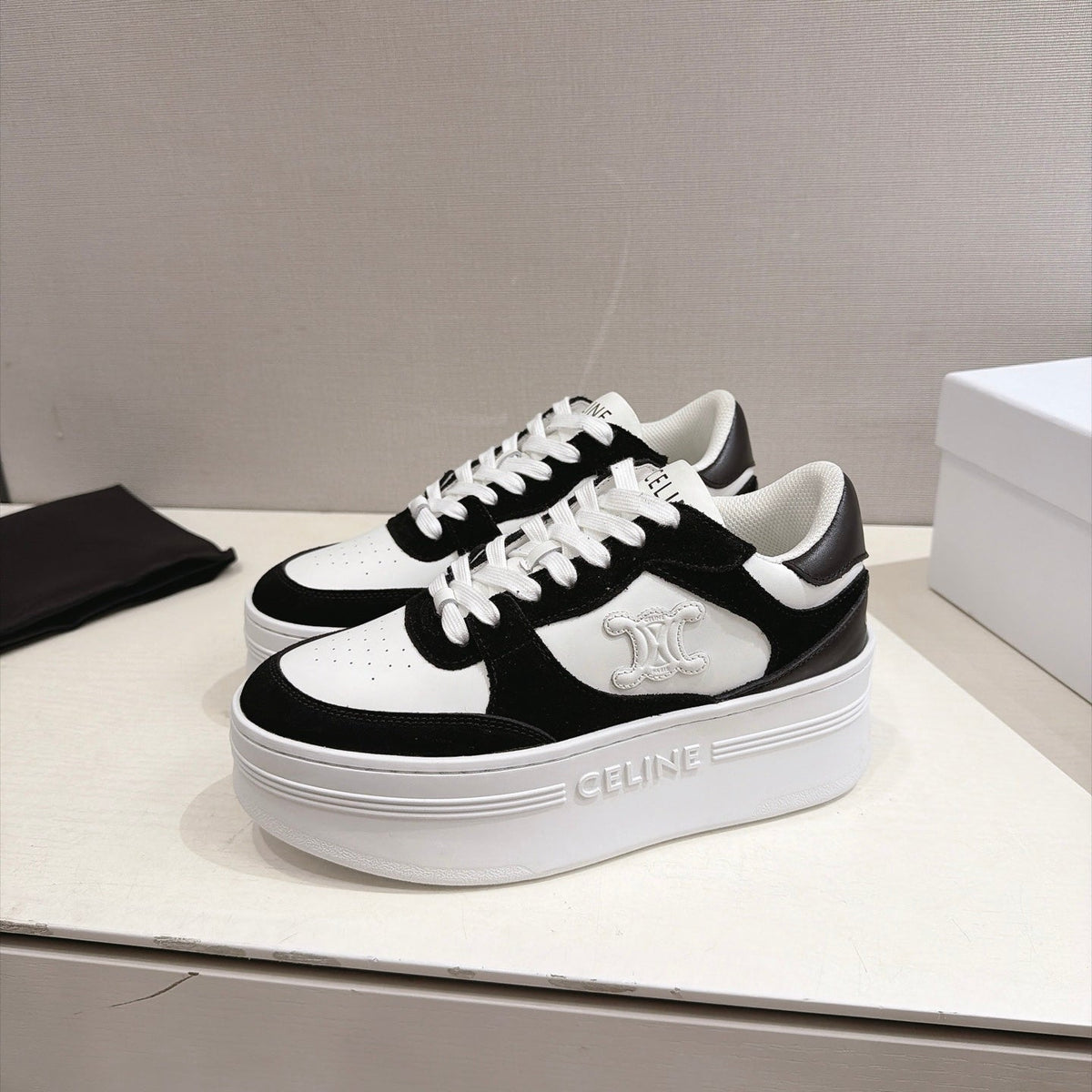 Celine 26s Block Wedge Sneakers Black White Suede Calfskin 101093