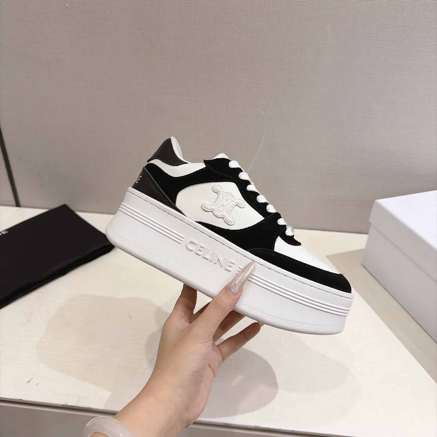 Celine 26s Block Wedge Sneakers Black White Suede Calfskin 101093
