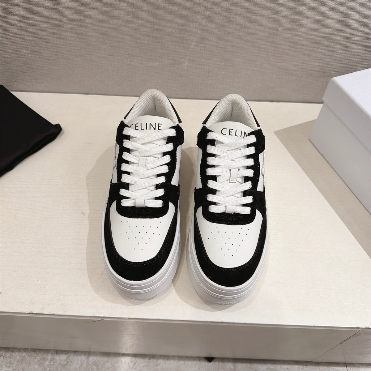 Celine 26s Block Wedge Sneakers Black White Suede Calfskin 101093