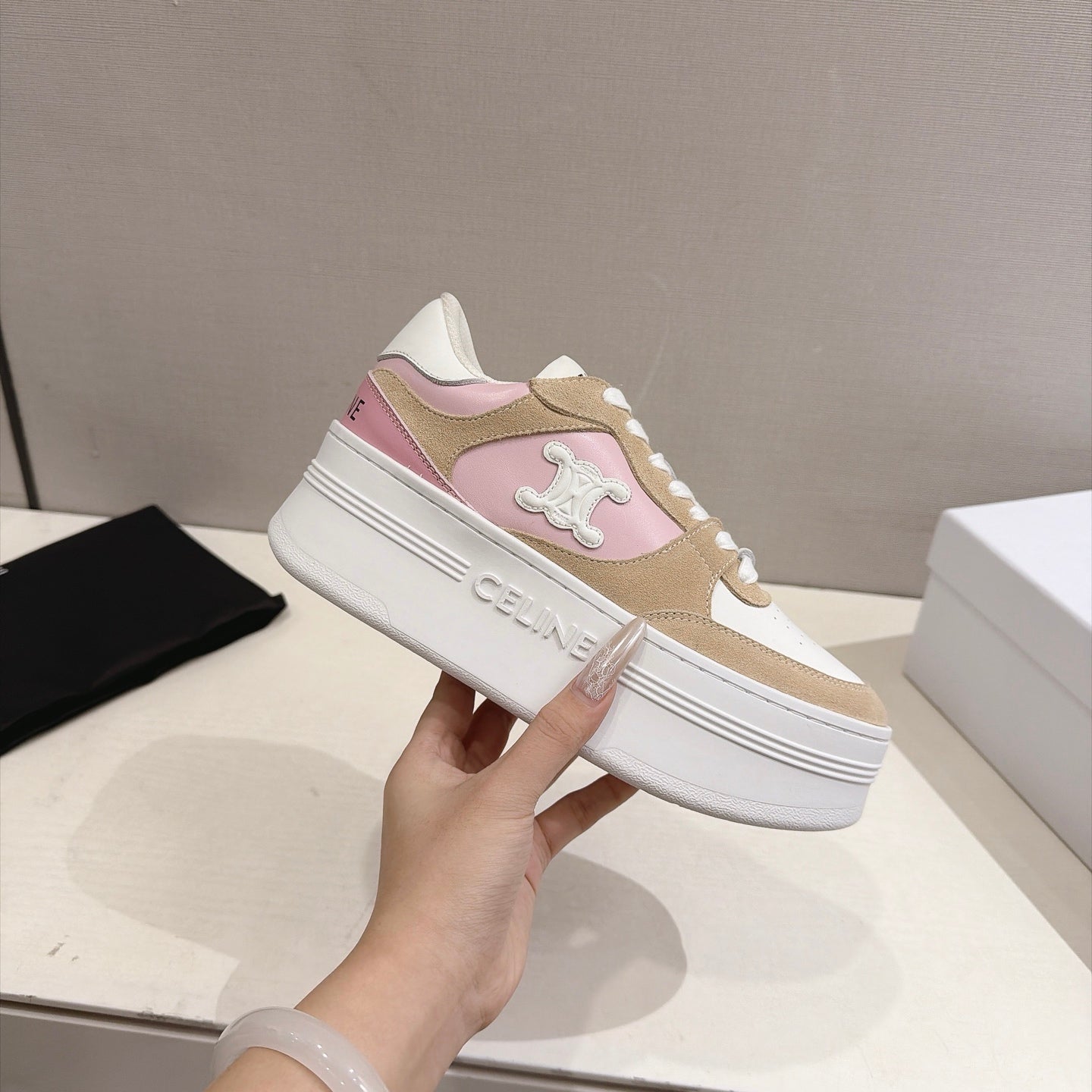 Celine 26s Block Wedge Sneakers Brown White Pink Suede Calfskin 101094