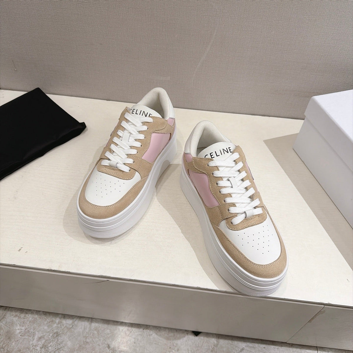 Celine 26s Block Wedge Sneakers Brown White Pink Suede Calfskin 101094