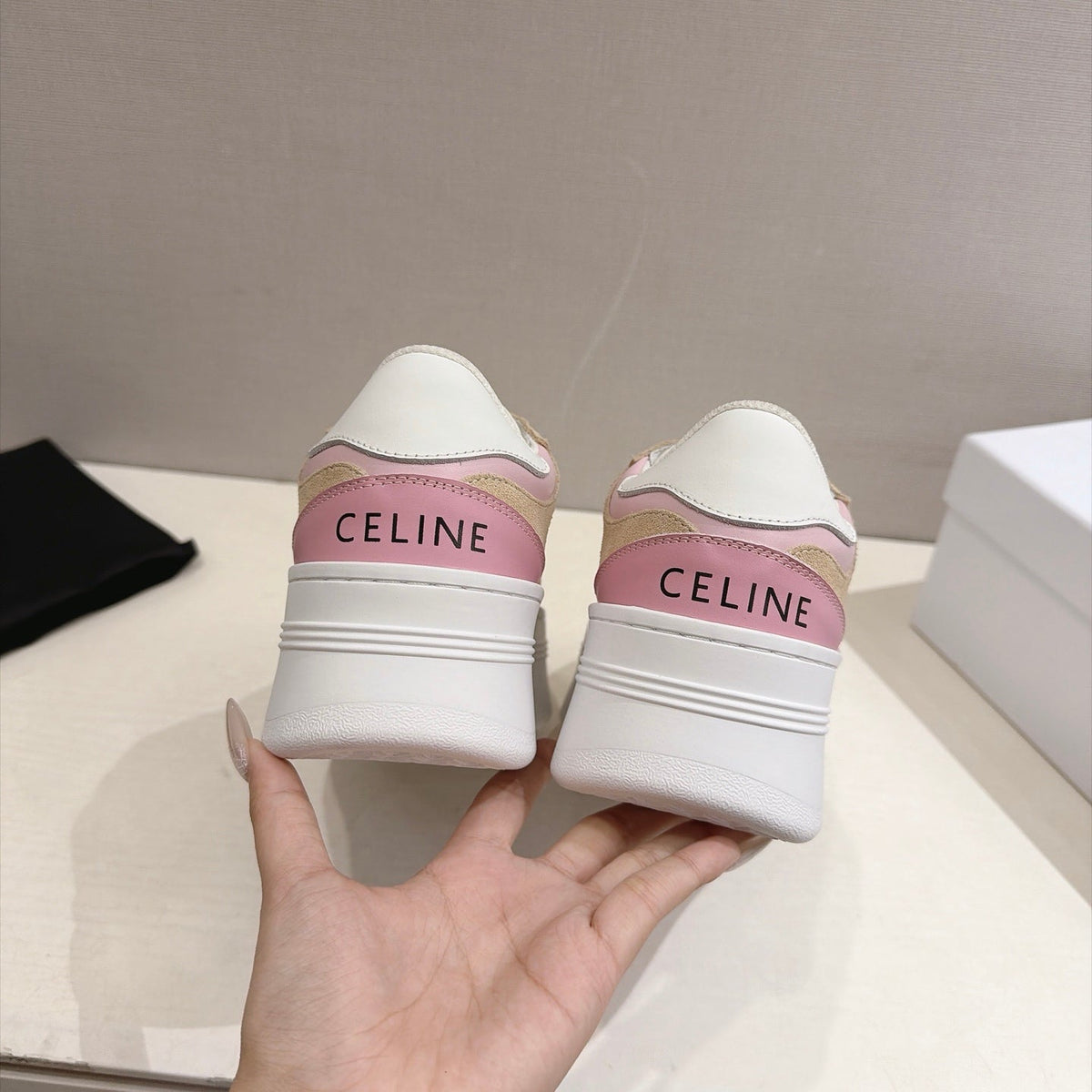 Celine 26s Block Wedge Sneakers Brown White Pink Suede Calfskin 101094