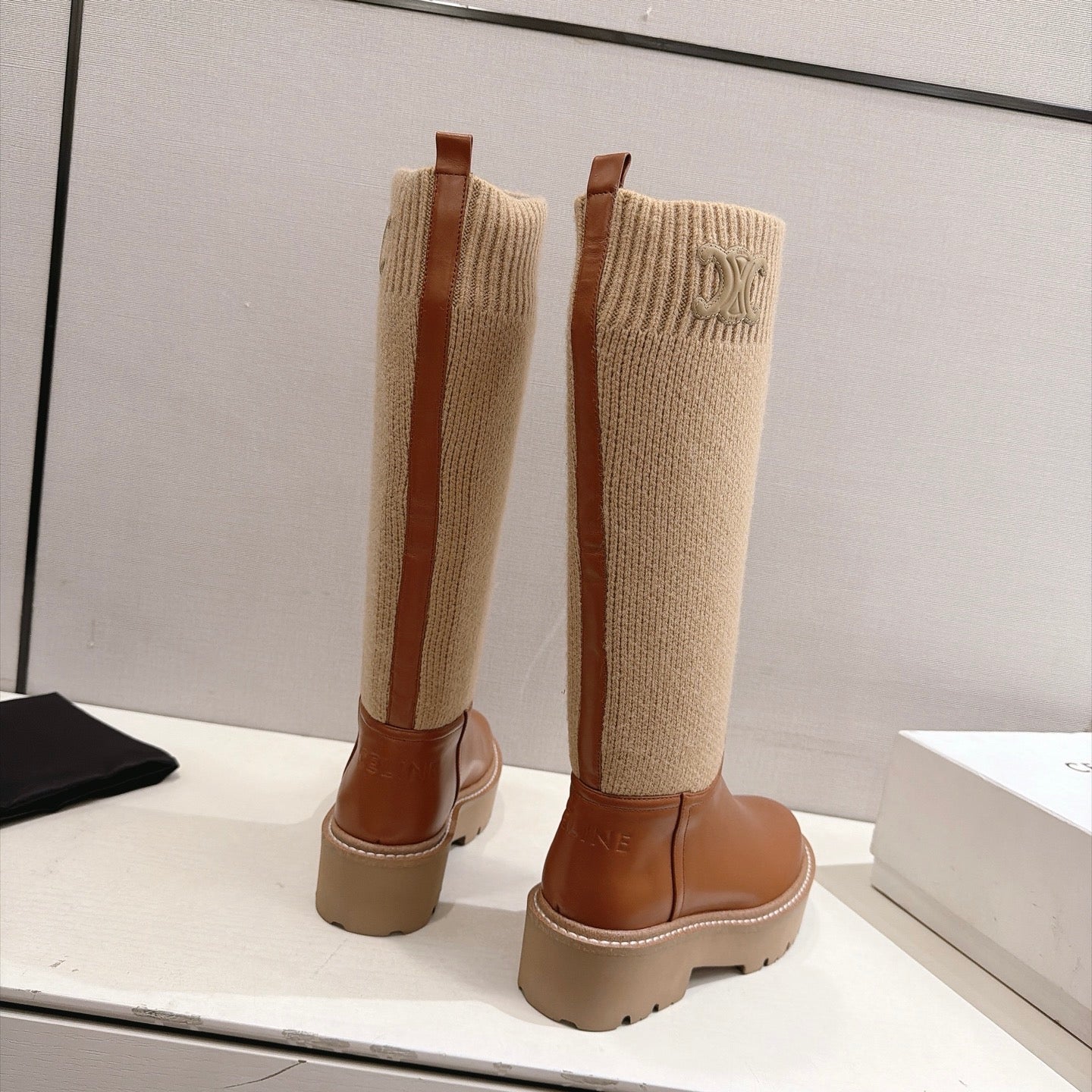 Celine 26s Sock Long Boots Brown Lambskin Cotton 101096