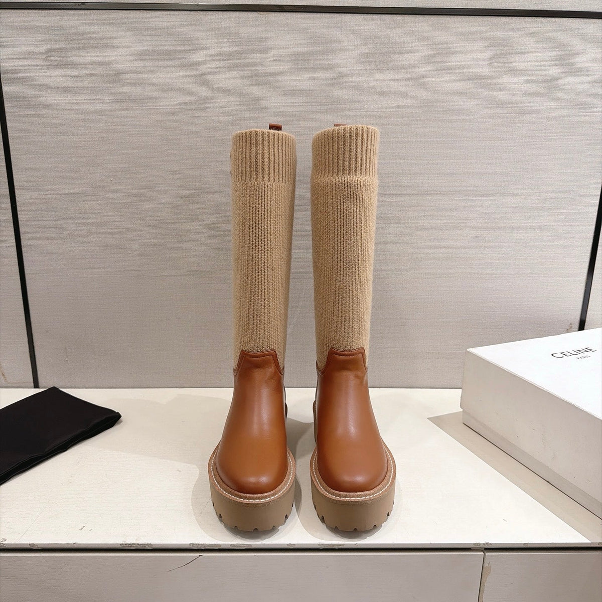 Celine 26s Sock Long Boots Brown Lambskin Cotton 101096