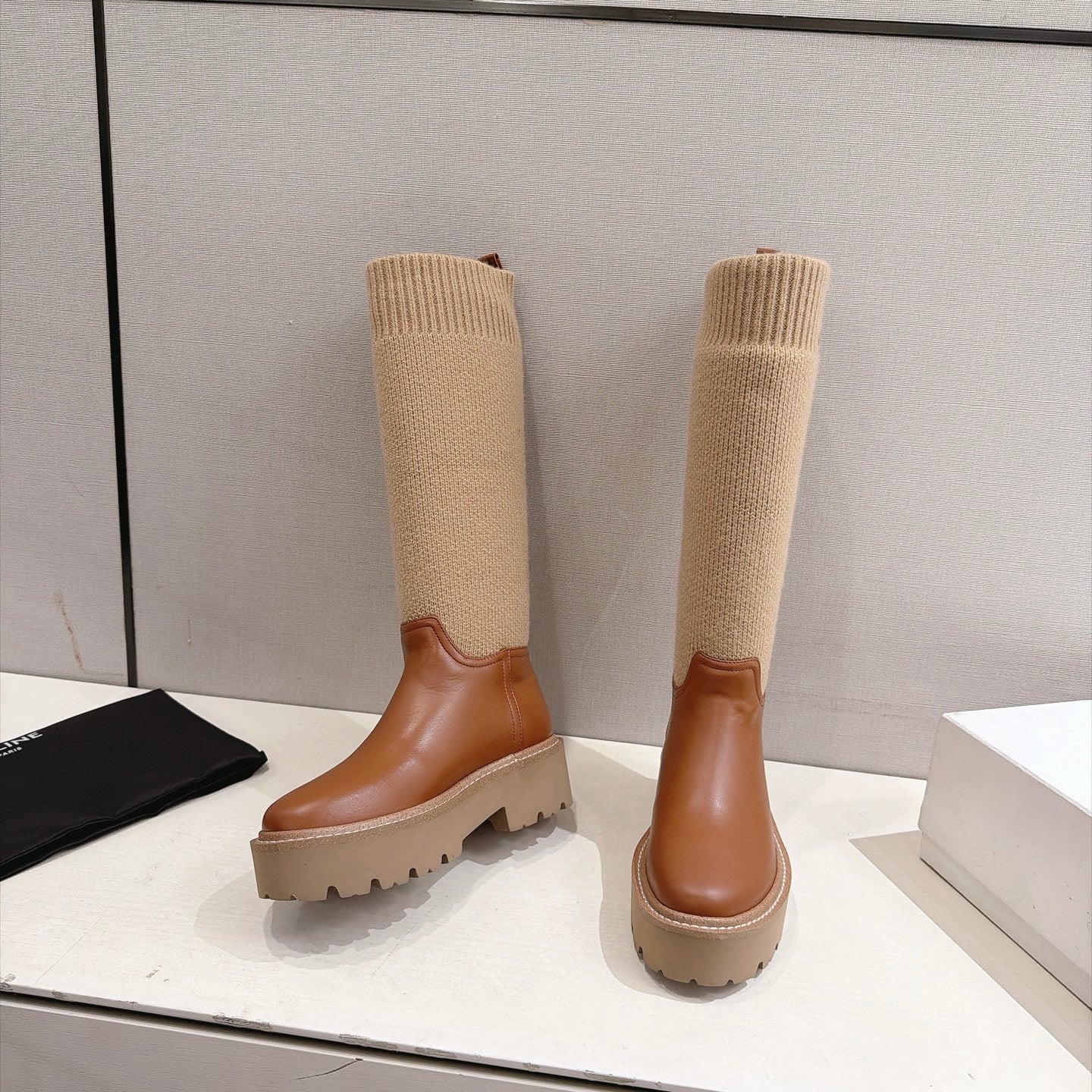 Celine 26s Sock Long Boots Brown Lambskin Cotton 101096