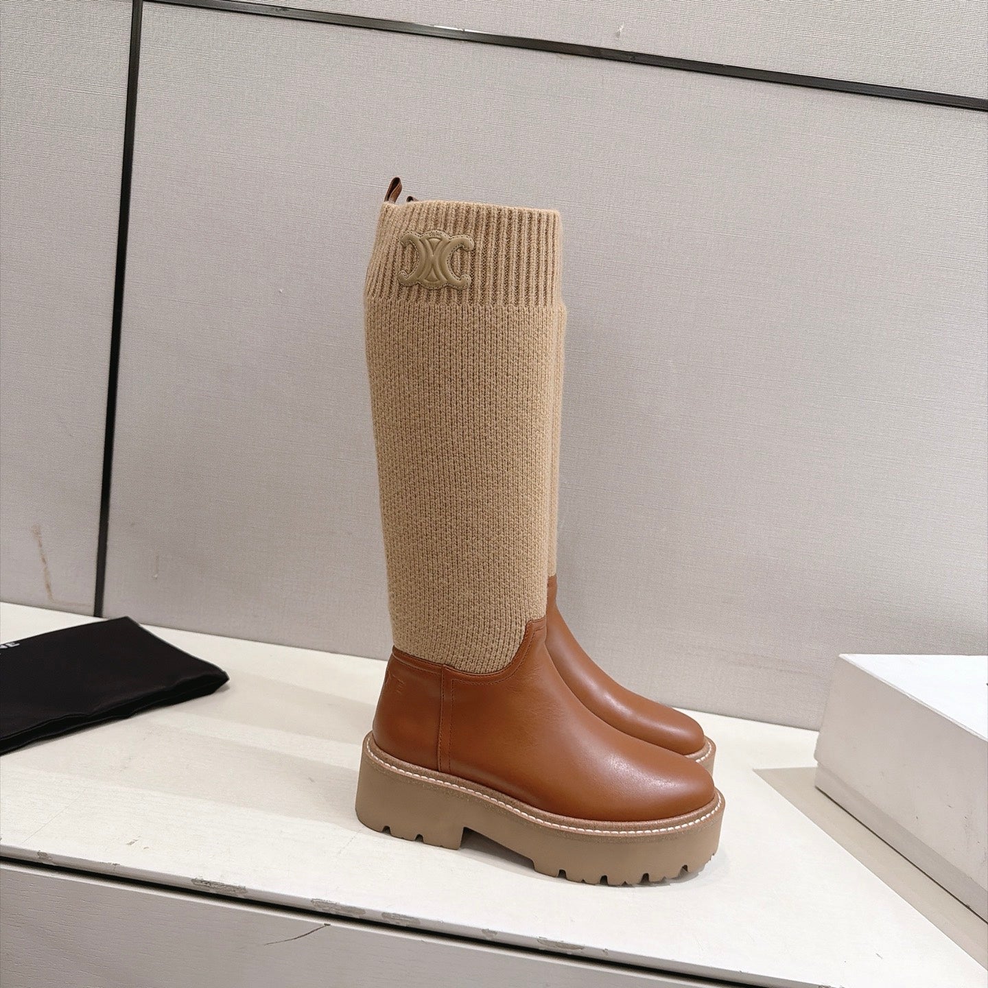 Celine 26s Sock Long Boots Brown Lambskin Cotton 101096