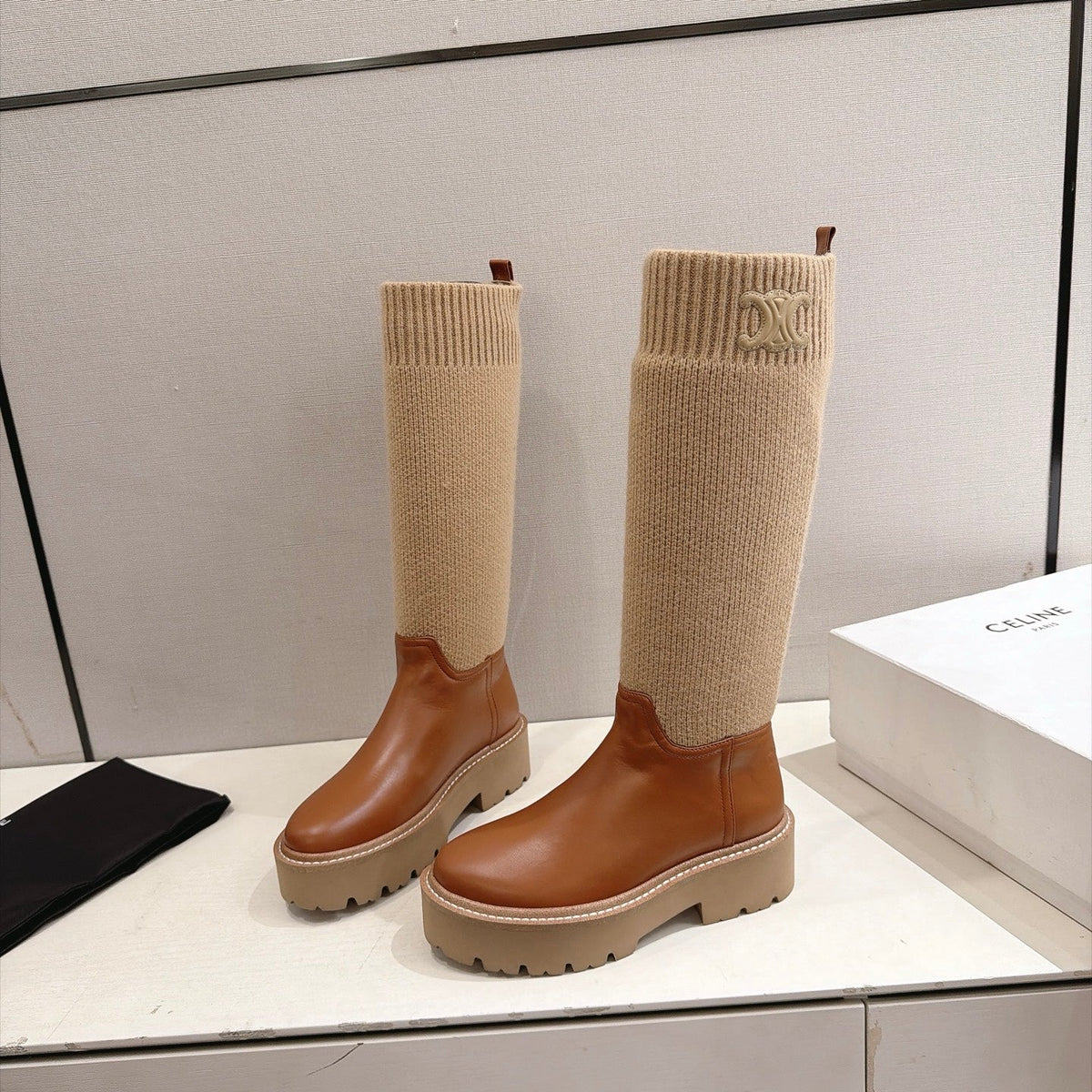 Celine 26s Sock Long Boots Brown Lambskin Cotton 101096