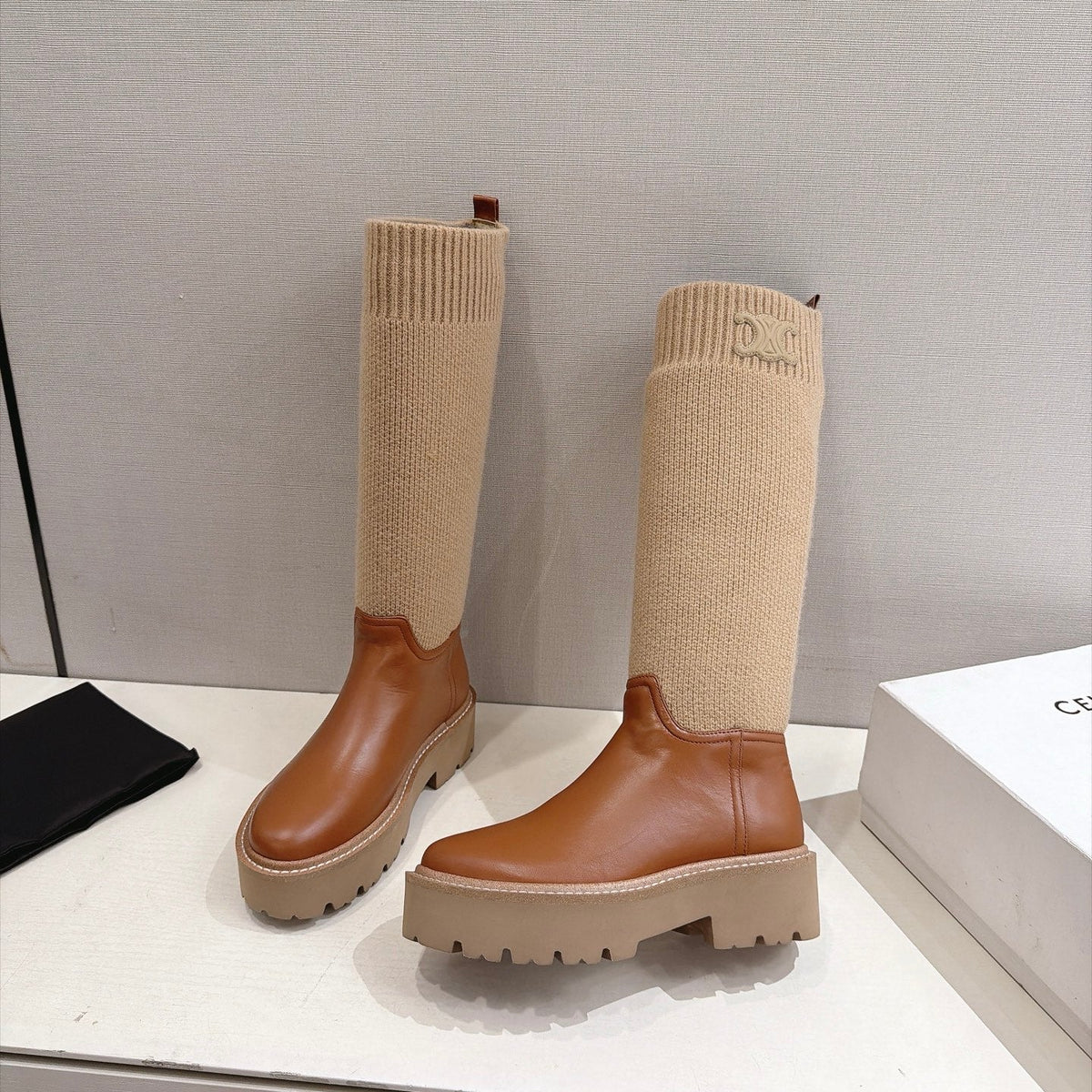 Celine 26s Sock Long Boots Brown Lambskin Cotton 101096