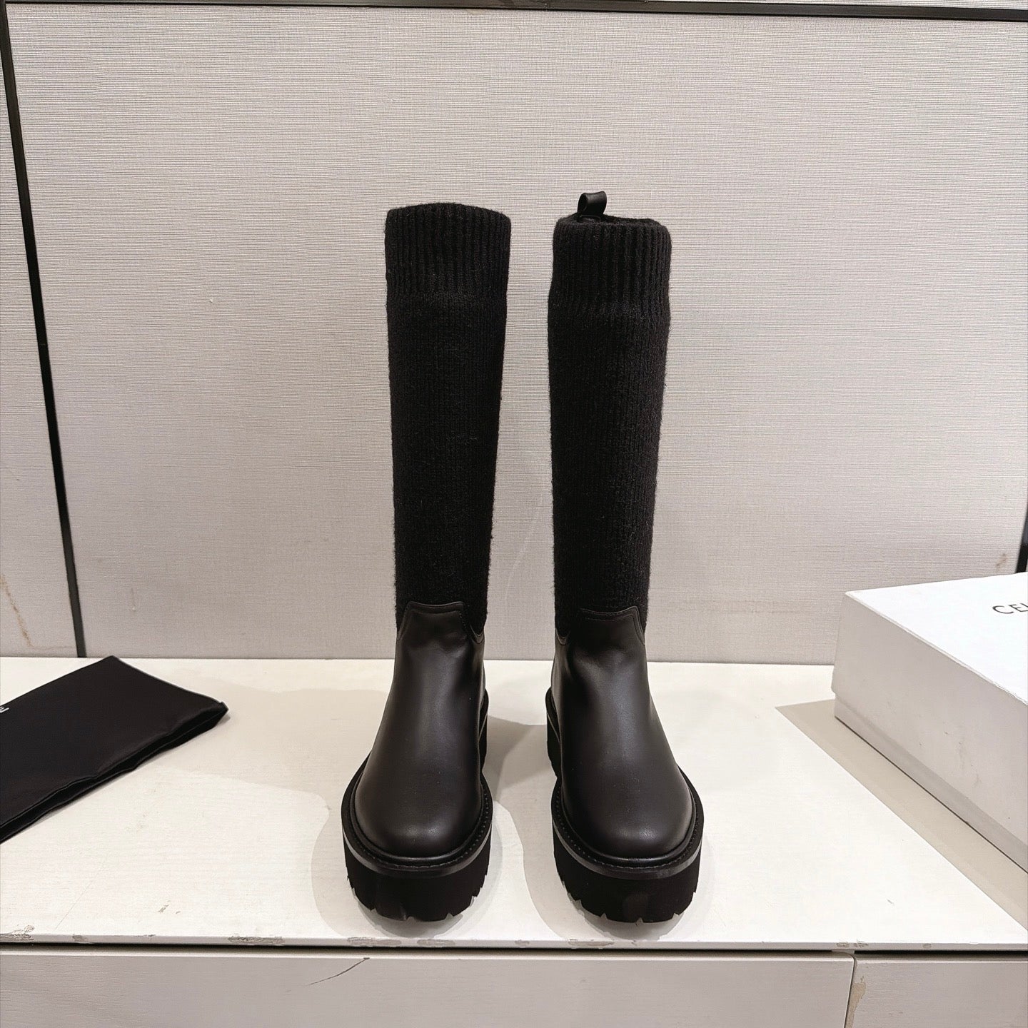 Celine 26s Sock Long Boots Black Lambskin Cotton 101097
