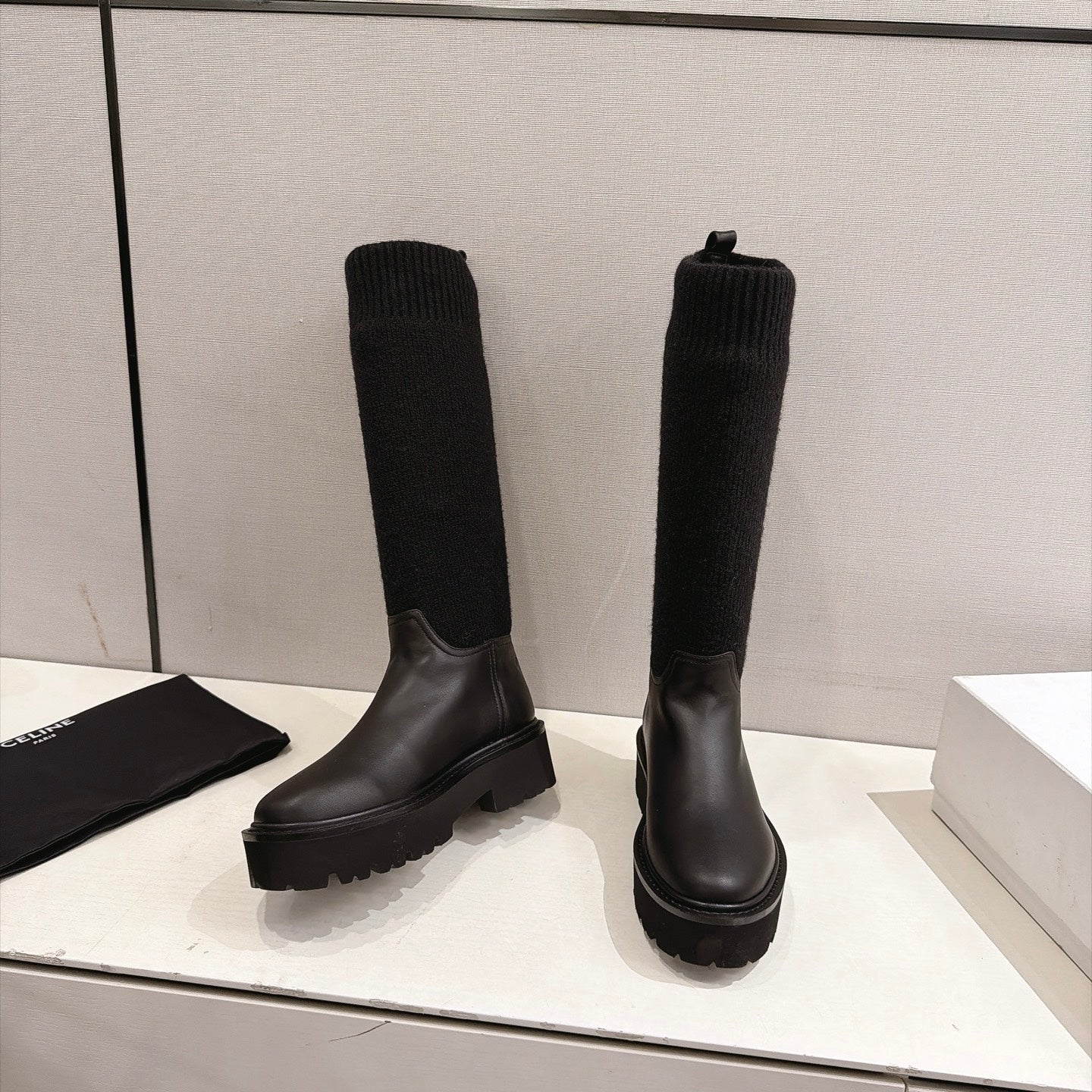 Celine 26s Sock Long Boots Black Lambskin Cotton 101097