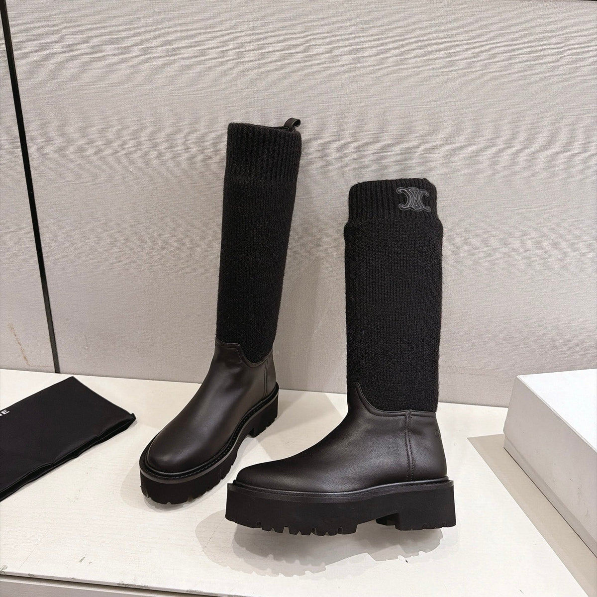 Celine 26s Sock Long Boots Black Lambskin Cotton 101097