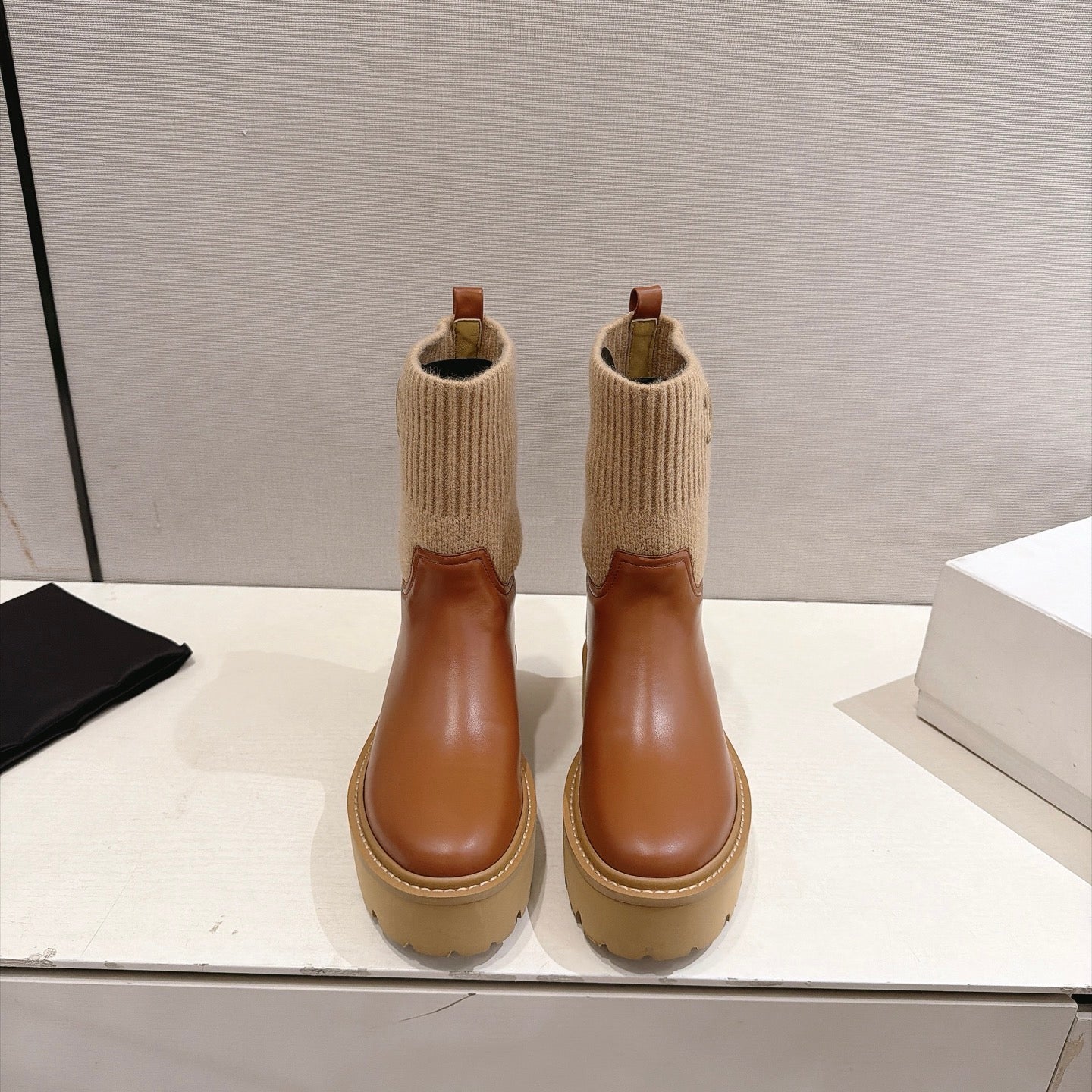 Celine 26s Sock Ankle Boots Brown Lambskin Cotton 101098