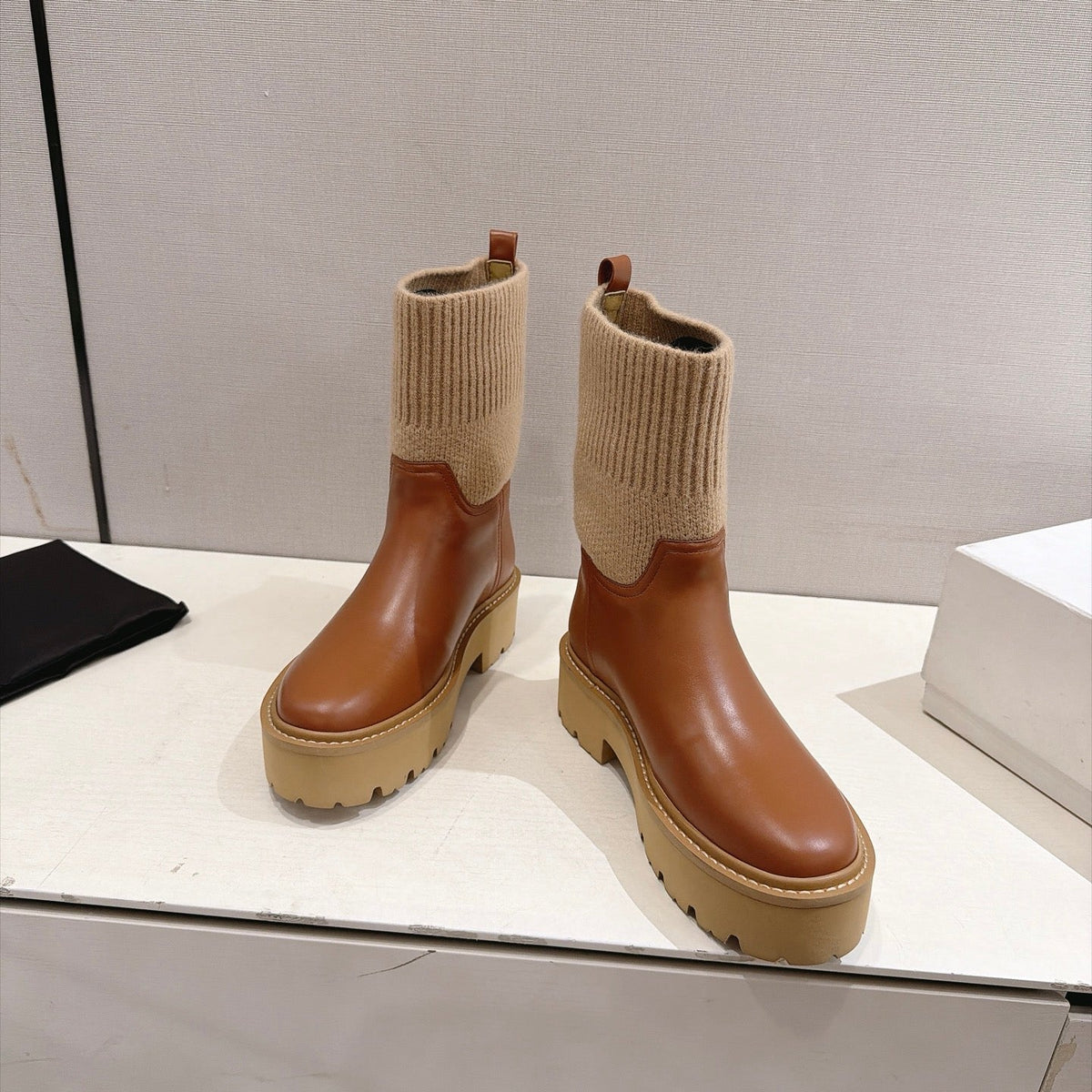 Celine 26s Sock Ankle Boots Brown Lambskin Cotton 101098