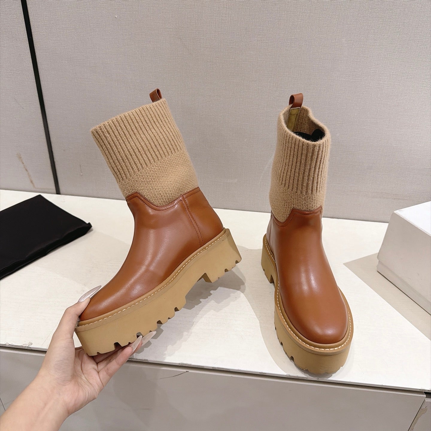 Celine 26s Sock Ankle Boots Brown Lambskin Cotton 101098