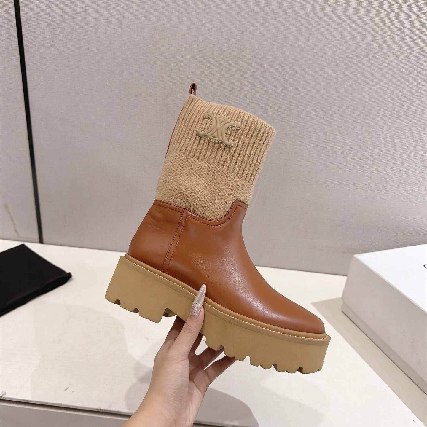 Celine 26s Sock Ankle Boots Brown Lambskin Cotton 101098