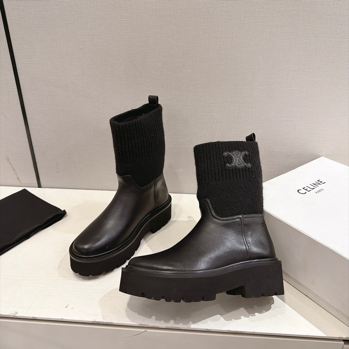 Celine 26s Sock Ankle Boots Black Lambskin Cotton 101099