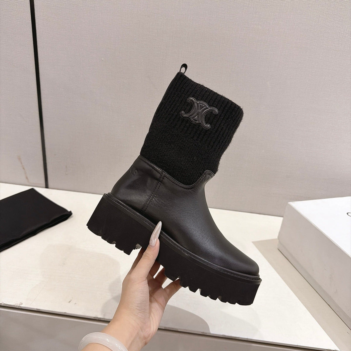 Celine 26s Sock Ankle Boots Black Lambskin Cotton 101099