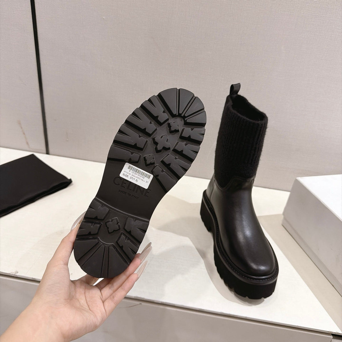 Celine 26s Sock Ankle Boots Black Lambskin Cotton 101099