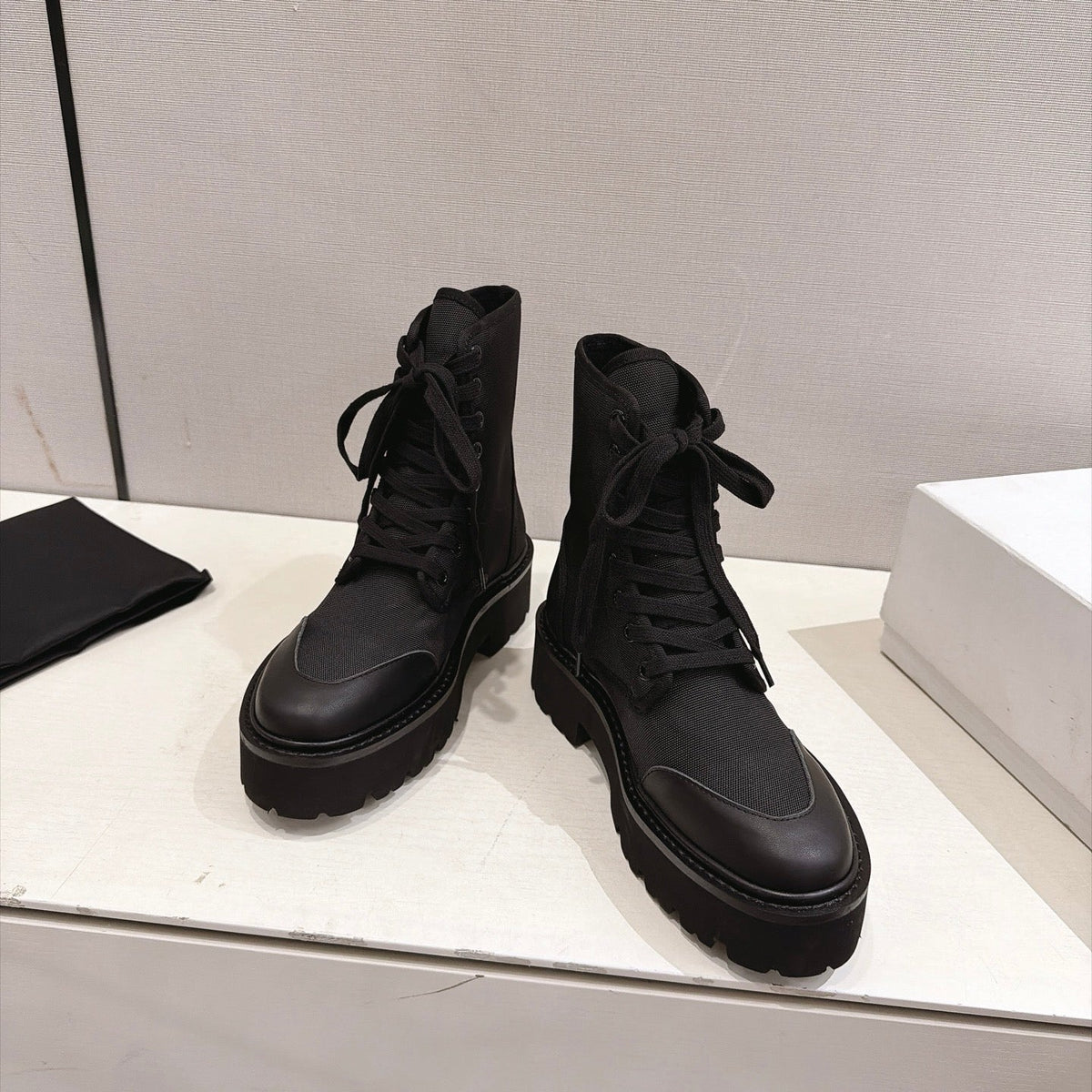 Celine Bulky Boots 4.5cm Black Canvas 168182