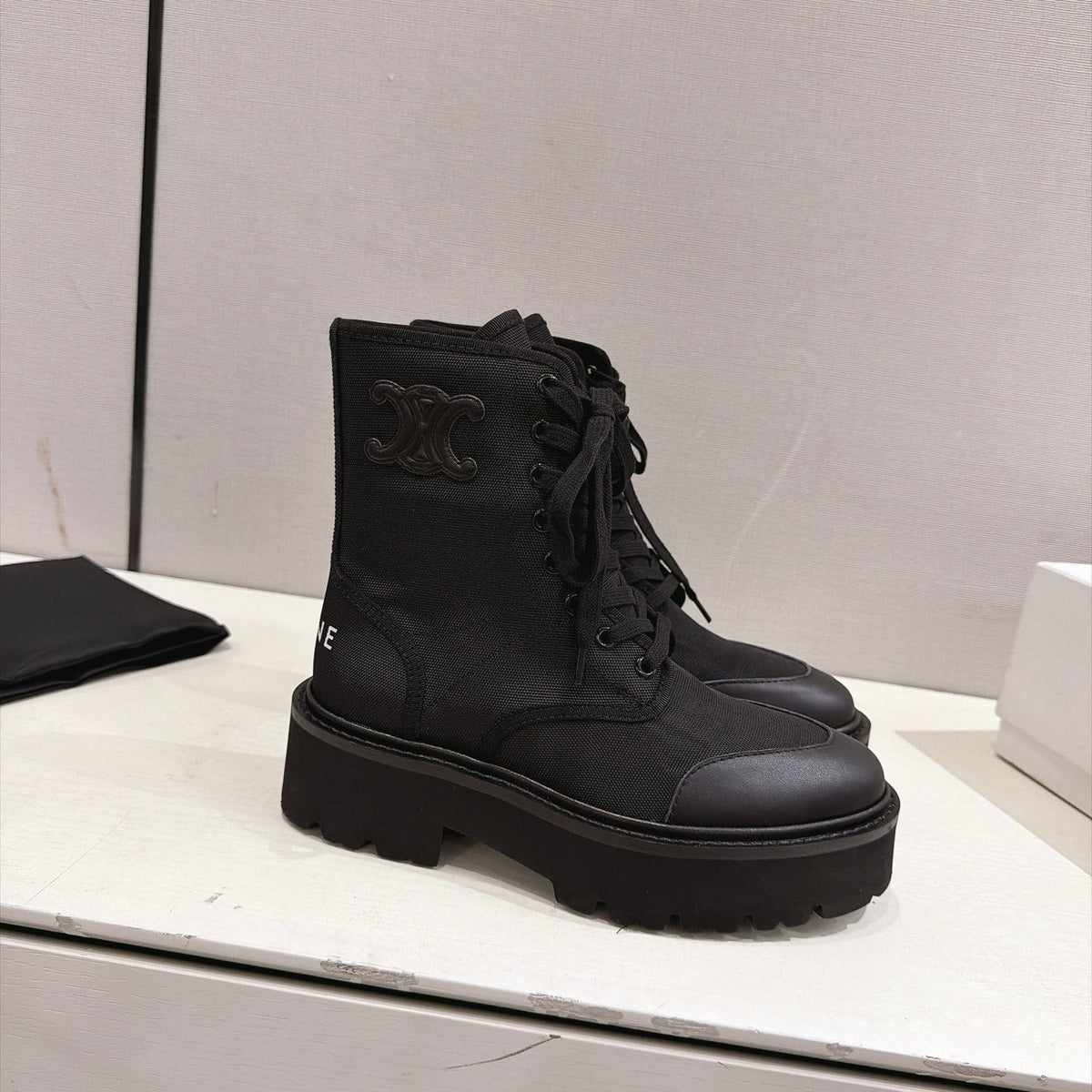 Celine Bulky Boots 4.5cm Black Canvas 168182