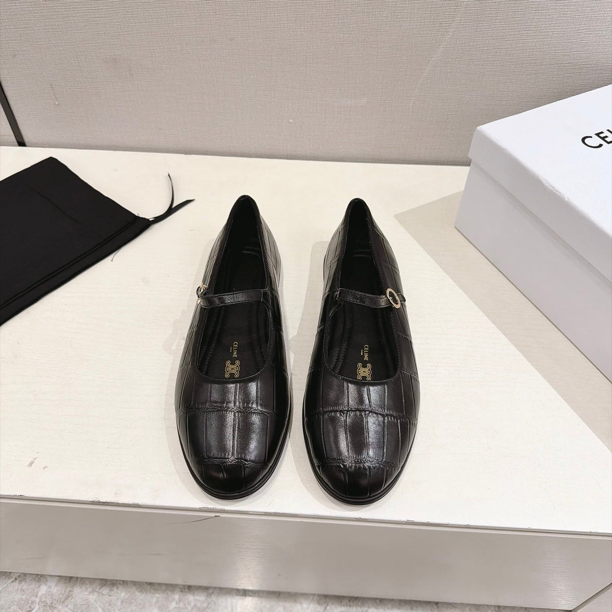 Celine Mary Jane Flats Black Croc Embossed Leather 168205