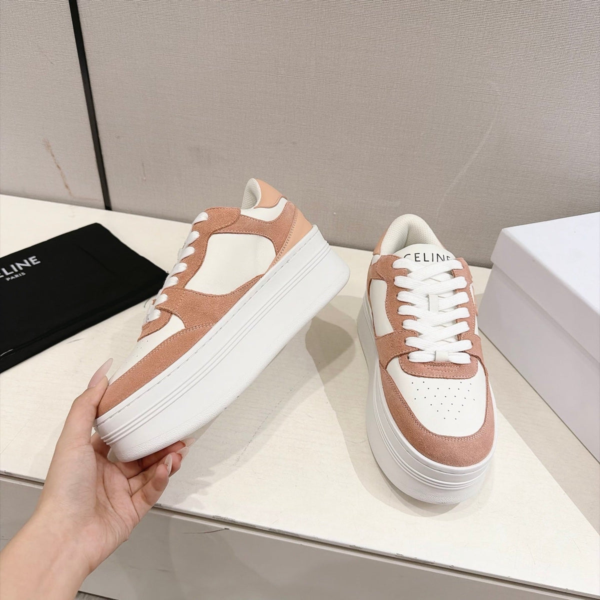Celine Block Sneakers Pink Beige Suede Leather 168199