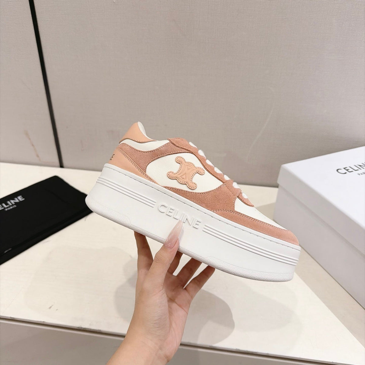 Celine Block Sneakers Pink Beige Suede Leather 168199