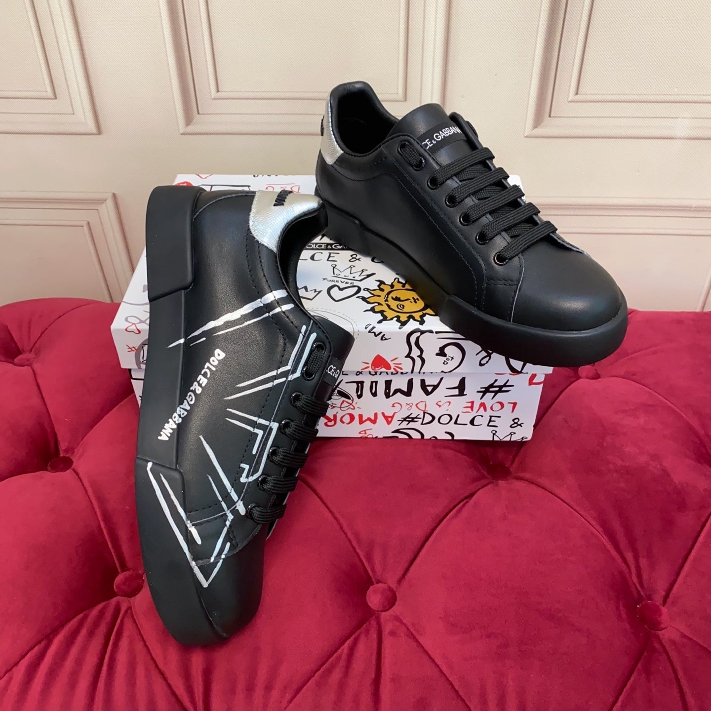 DC 25 Portofino Sneakers Black Eagle-Print & Sheepskin 271107