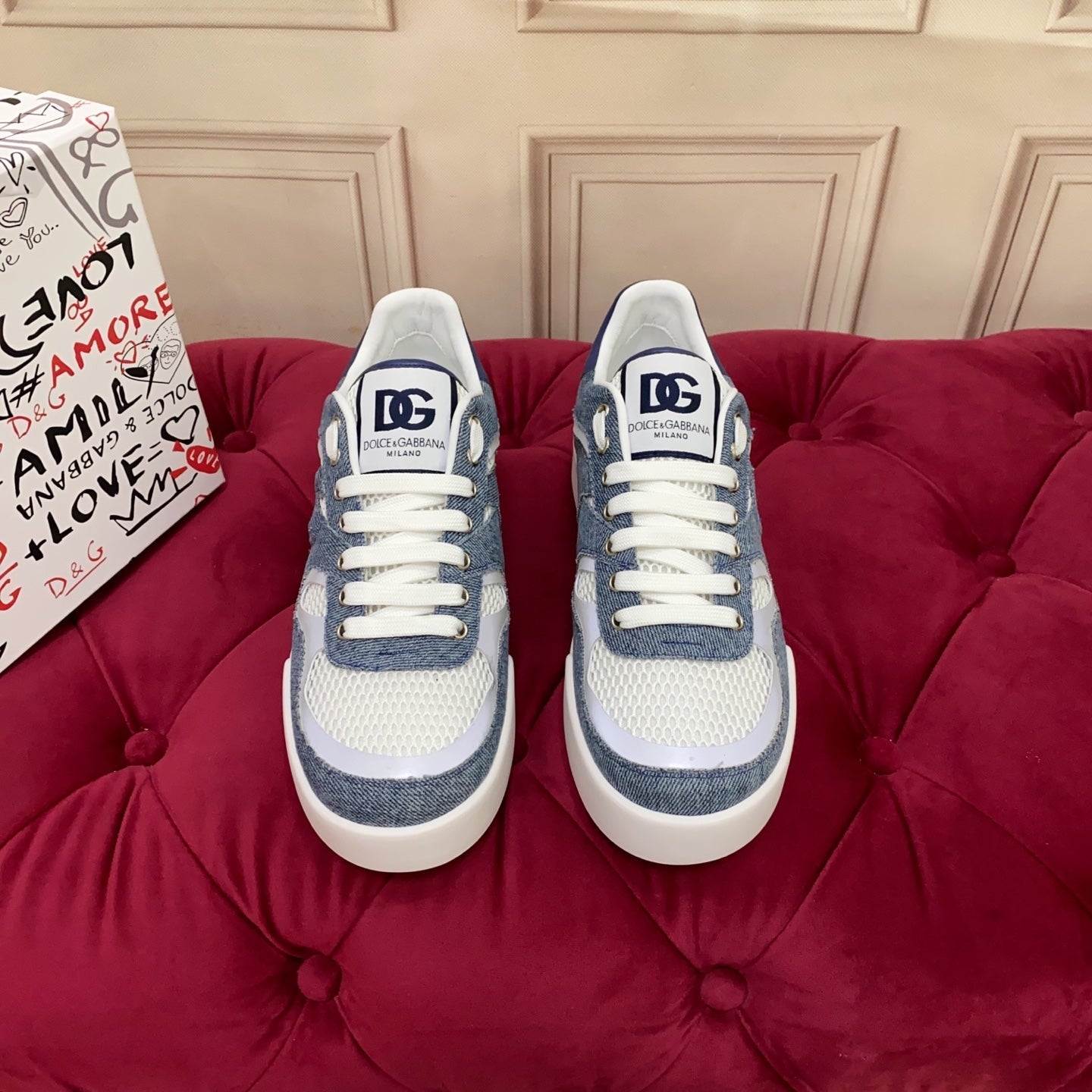 DC 25 Strobel Portofino Light Sneakers White Blue Denim Mesh & Sheepskin 271117