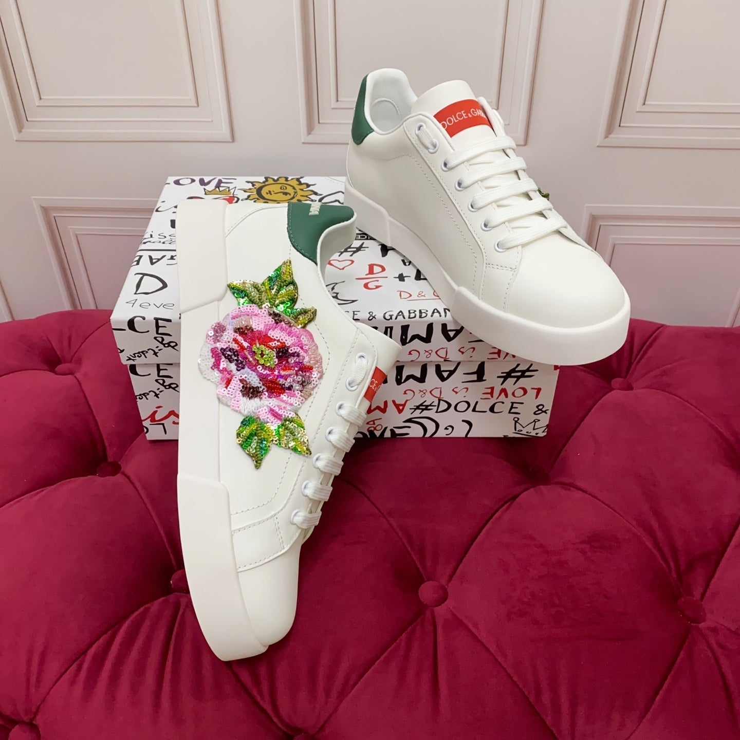 DC 25 Portofino Light Sneakers White Glitter Floral Pattern & Sheepskin 333871